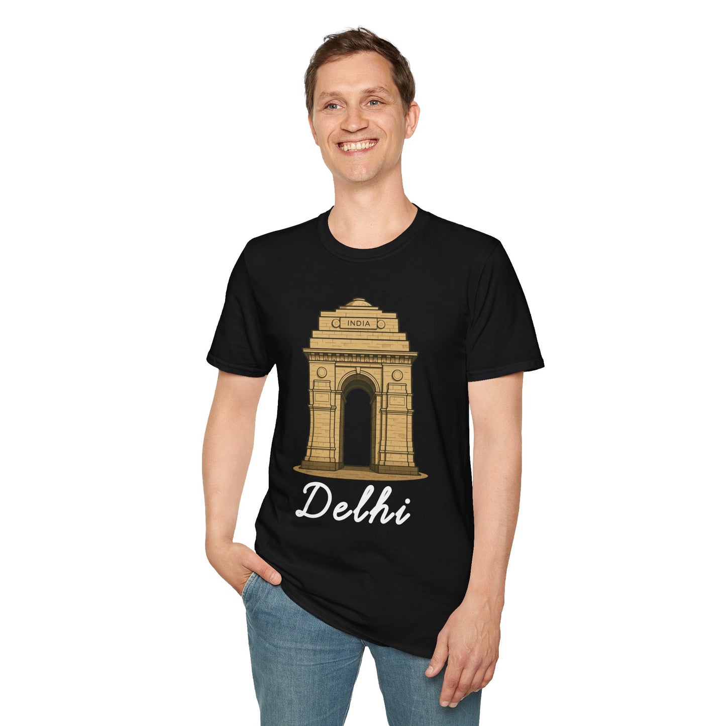 a man wearing a black delhi graphic t-shirt that says Delhi with a graphic of India Gate