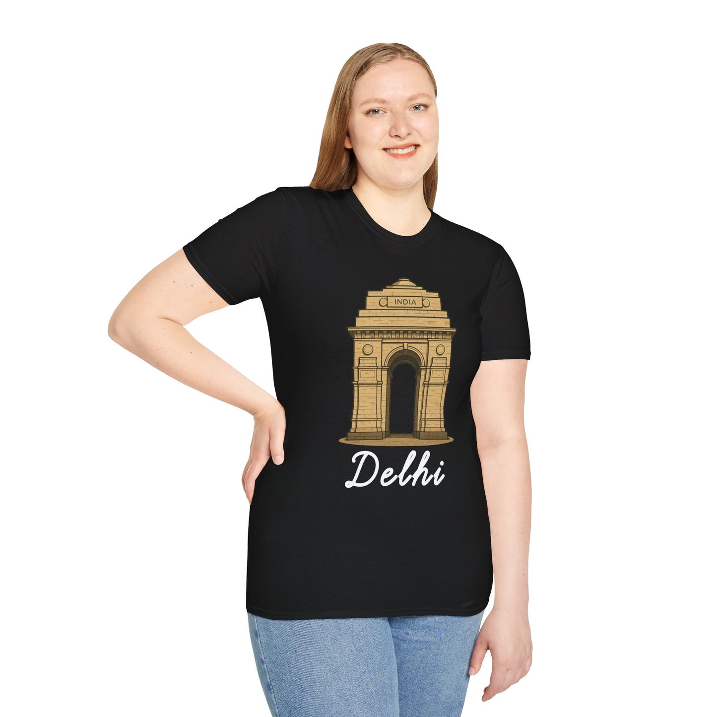 a woman wearing a black delhi graphic t-shirt that says Delhi with a graphic of India Gate