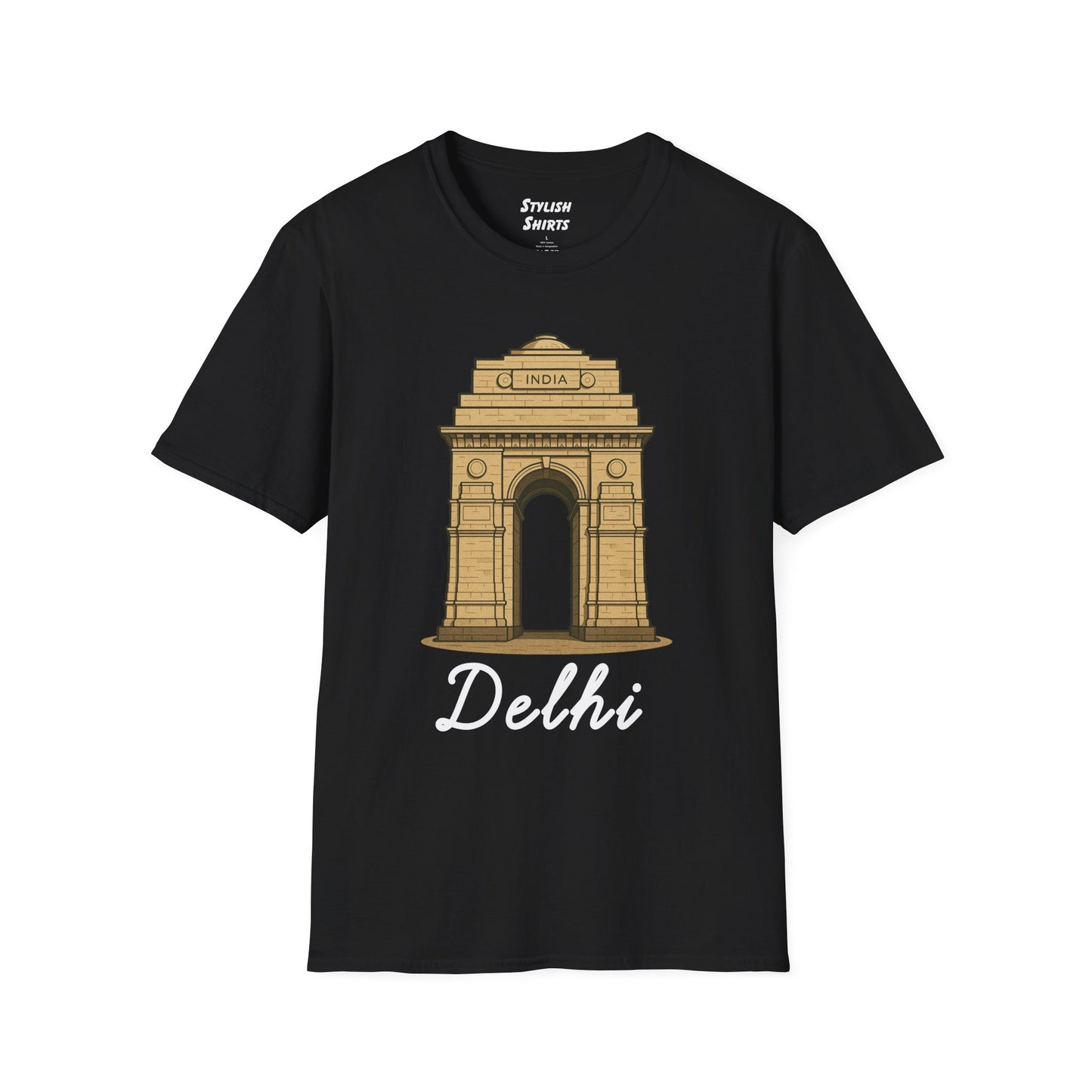 a black delhi graphic t-shirt that says Delhi with a graphic of India Gate