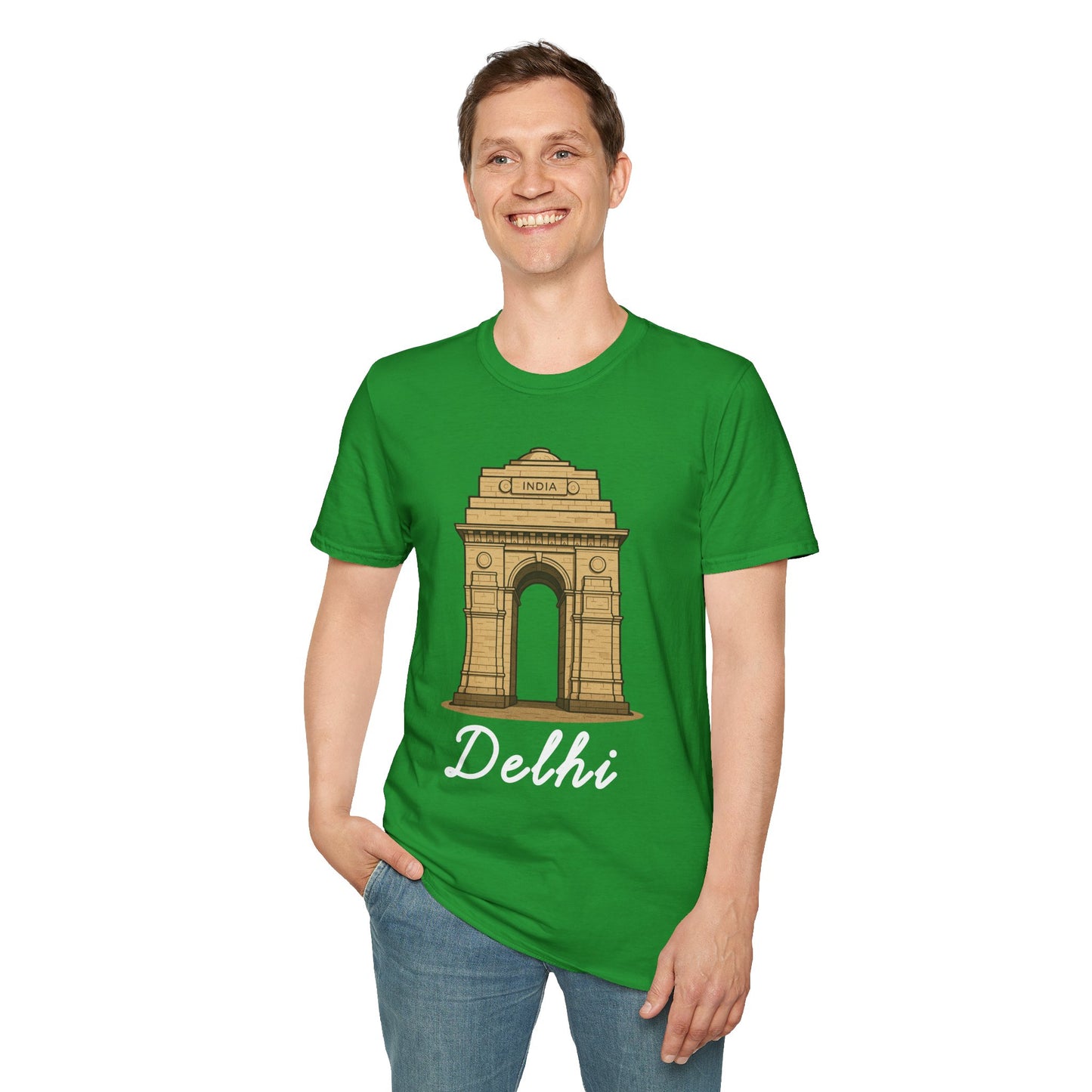 a man wearing a green delhi graphic t-shirt that says Delhi with a graphic of India Gate