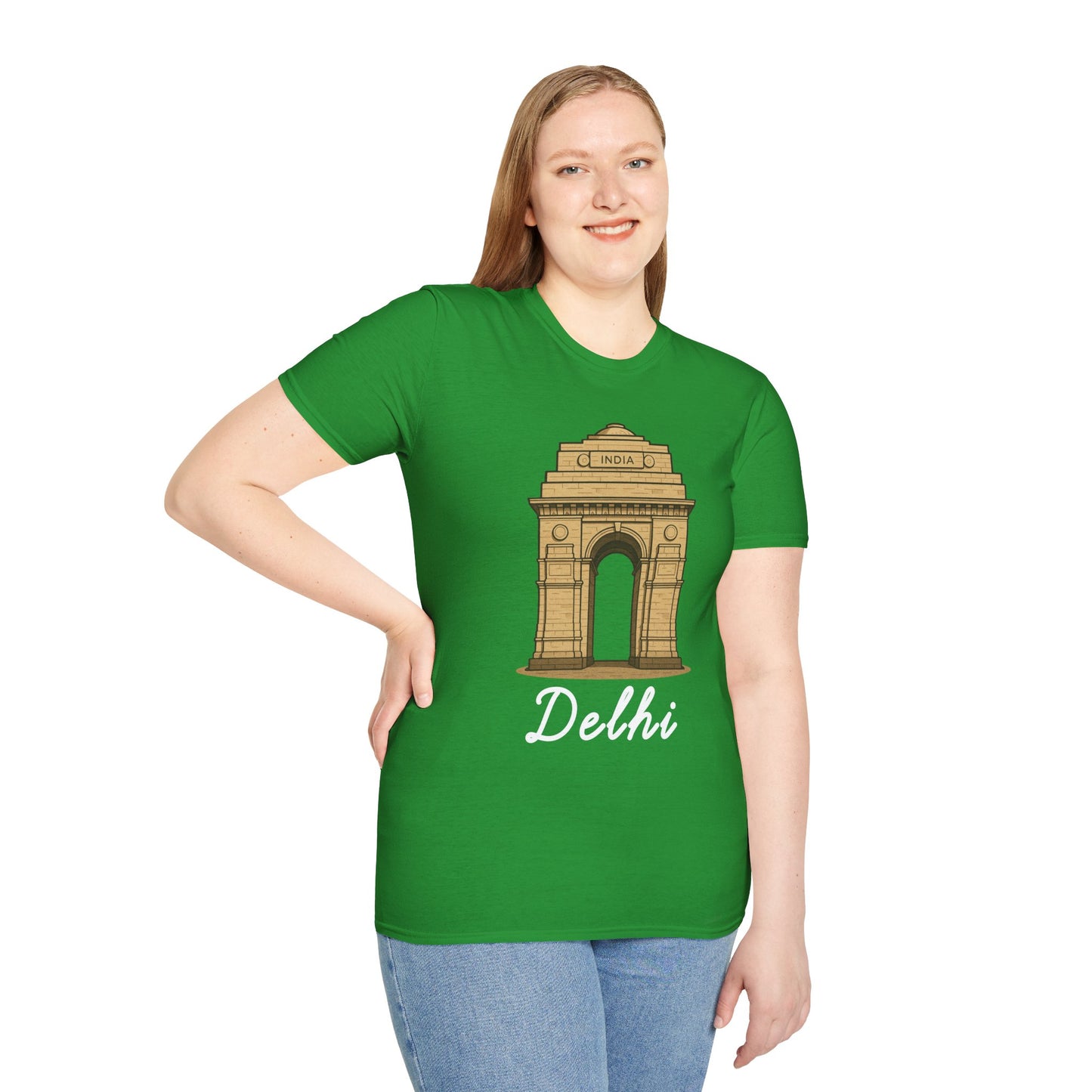 a woman wearing a green delhi graphic t-shirt that says Delhi with a graphic of India Gate
