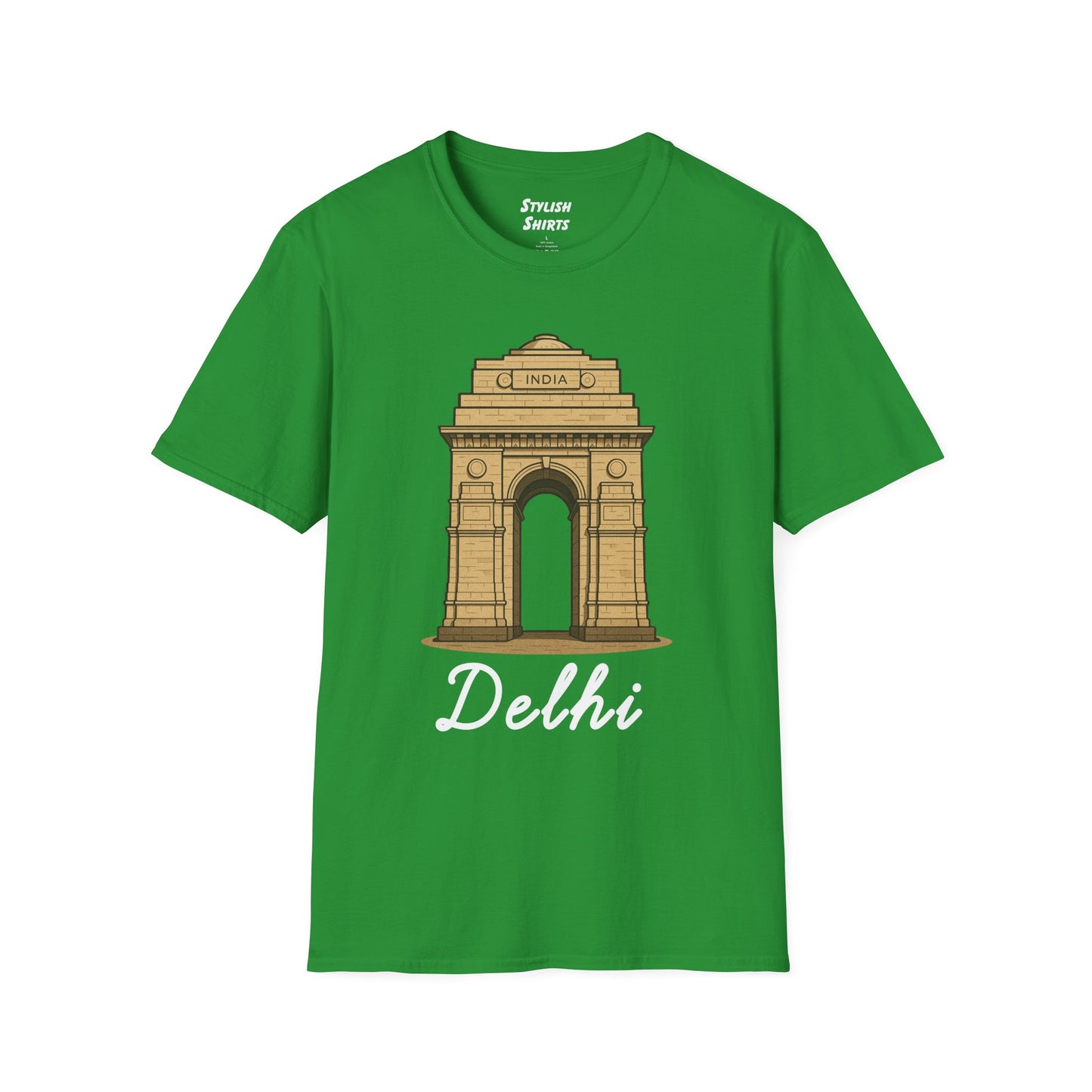 a green delhi graphic t-shirt that says Delhi with a graphic of India Gate