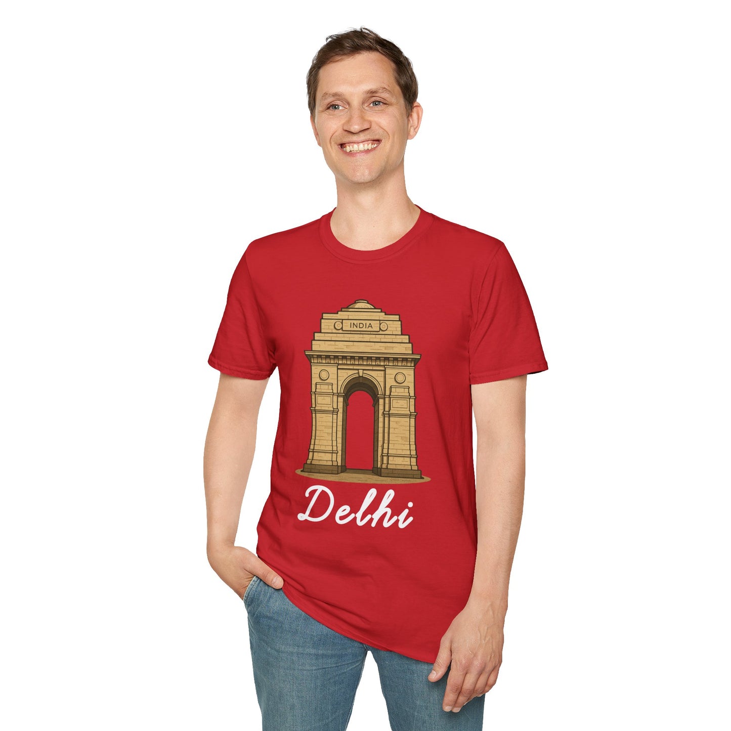 a man wearing a red delhi graphic t-shirt that says Delhi with a graphic of India Gate