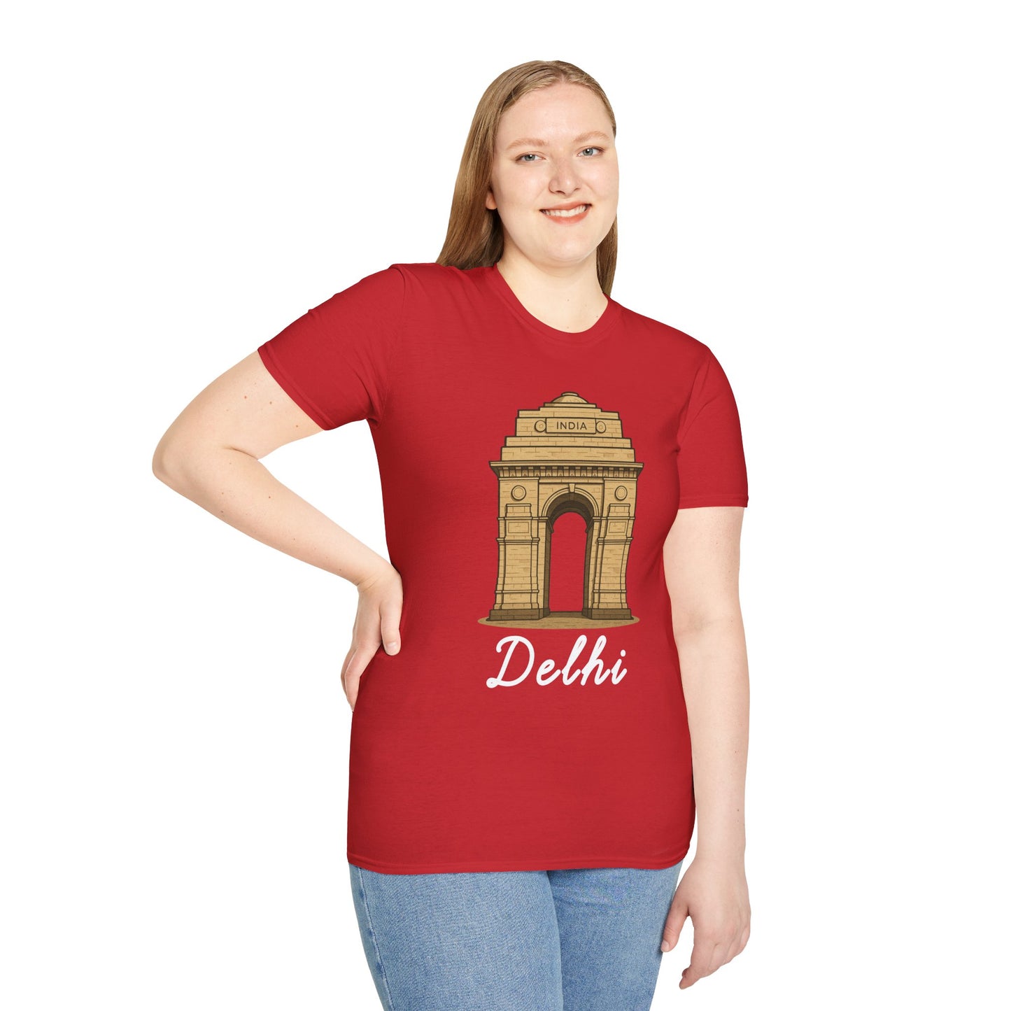 a woman wearing a red delhi graphic t-shirt that says Delhi with a graphic of India Gate