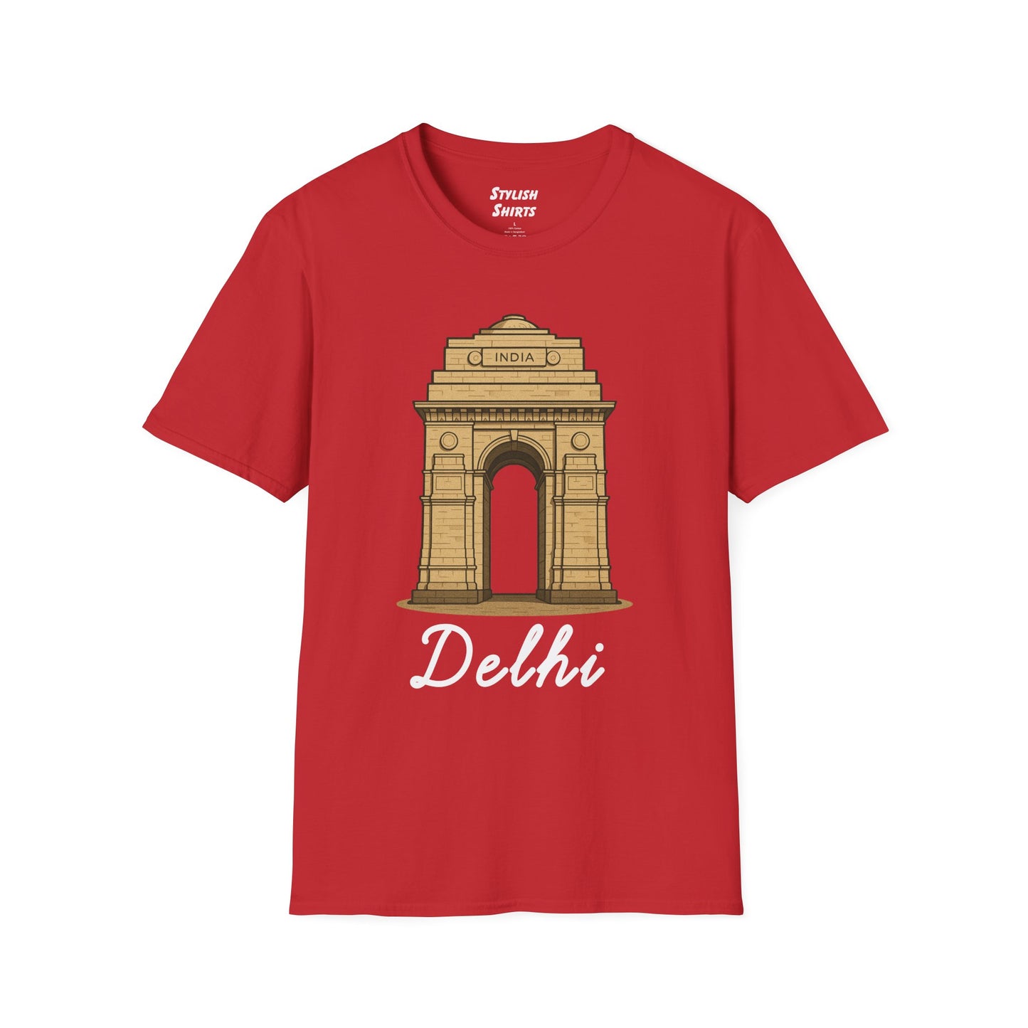 a red delhi graphic t-shirt that says Delhi with a graphic of India Gate