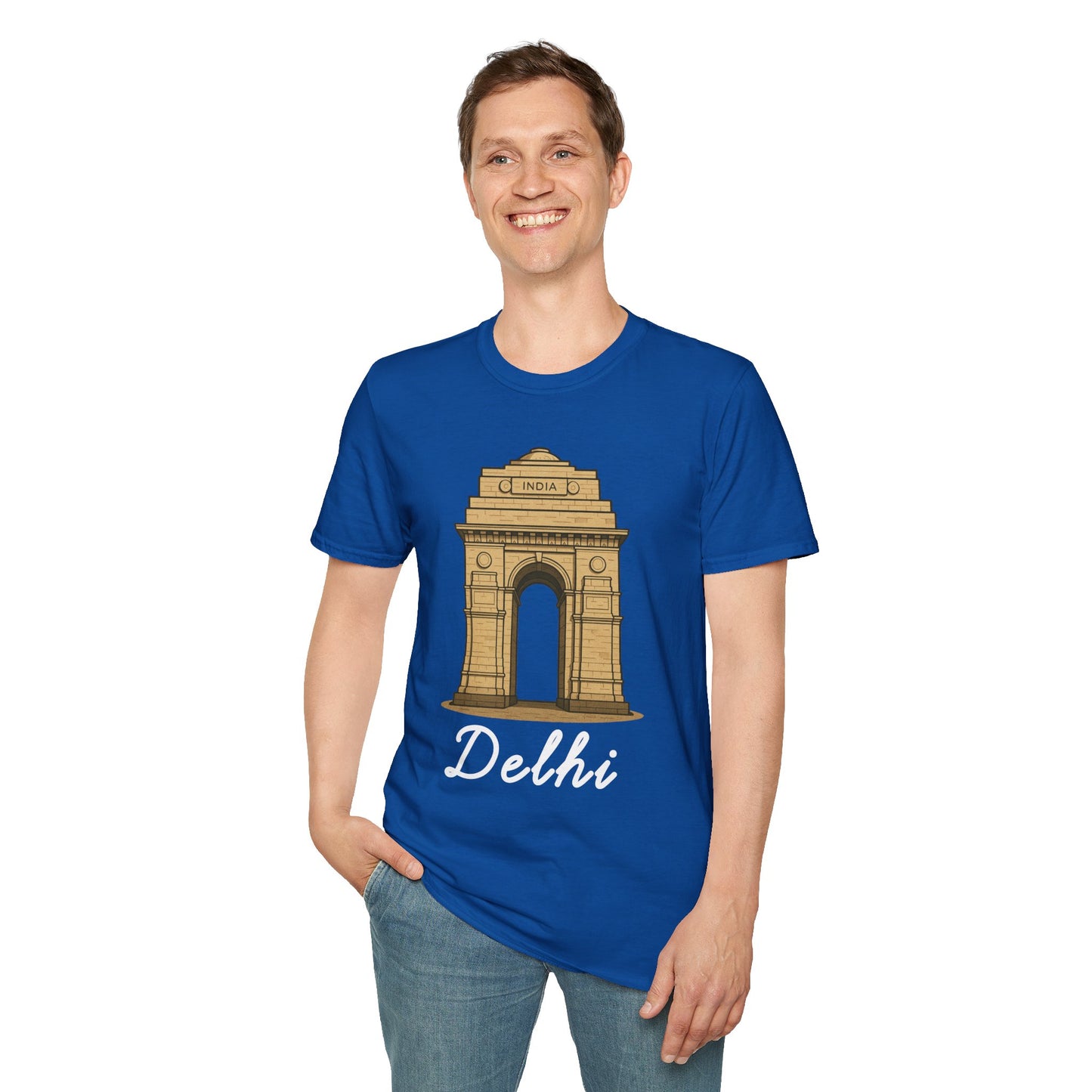 a man wearing a royal blue delhi graphic t-shirt that says Delhi with a graphic of India Gate