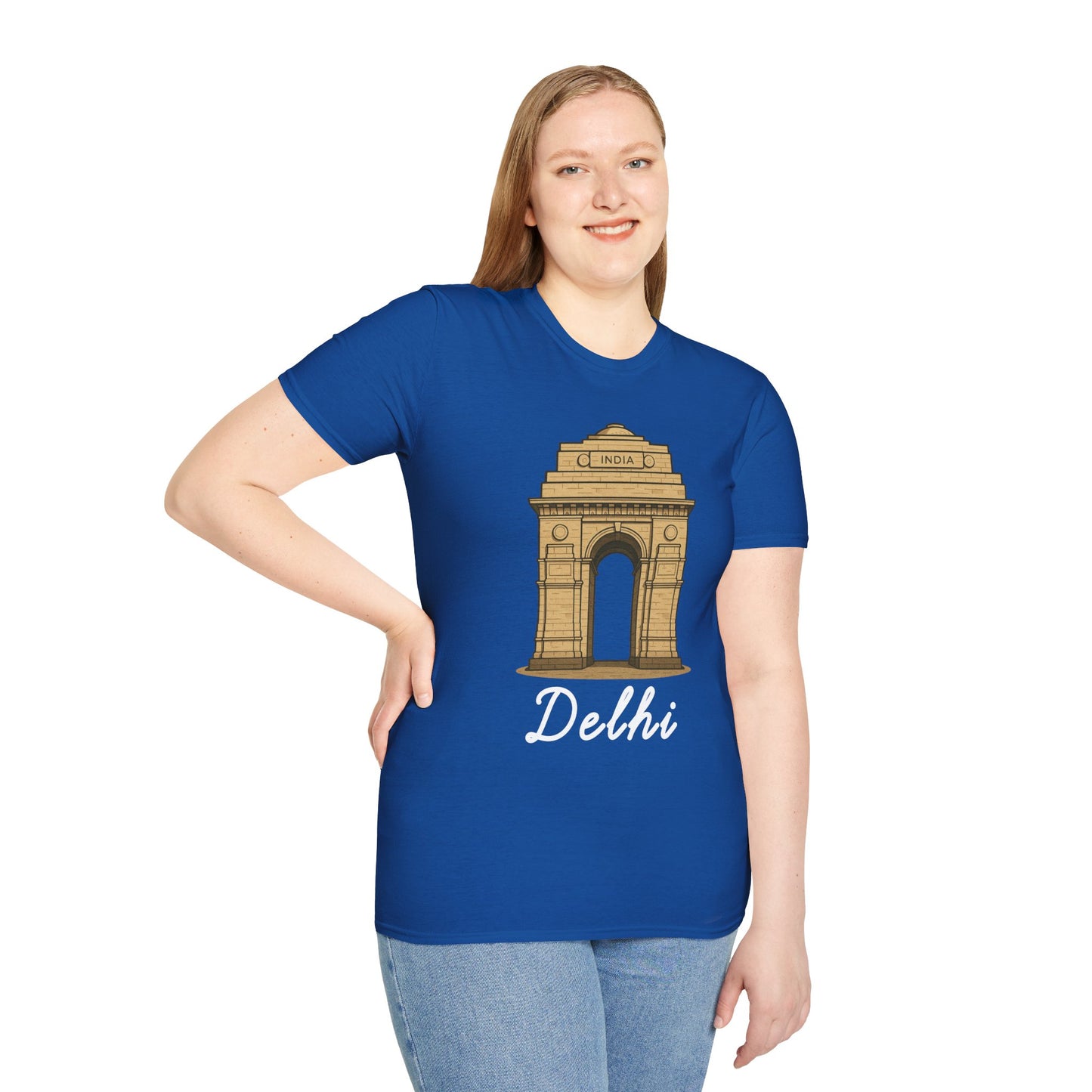 a woman wearing a royal blue delhi graphic t-shirt that says Delhi with a graphic of India Gate