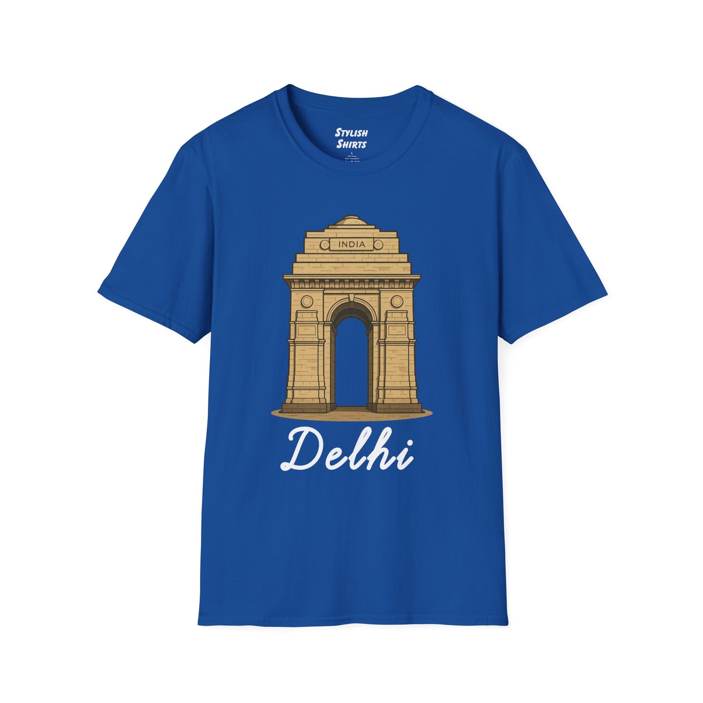 a royal blue delhi graphic t-shirt that says Delhi with a graphic of India Gate