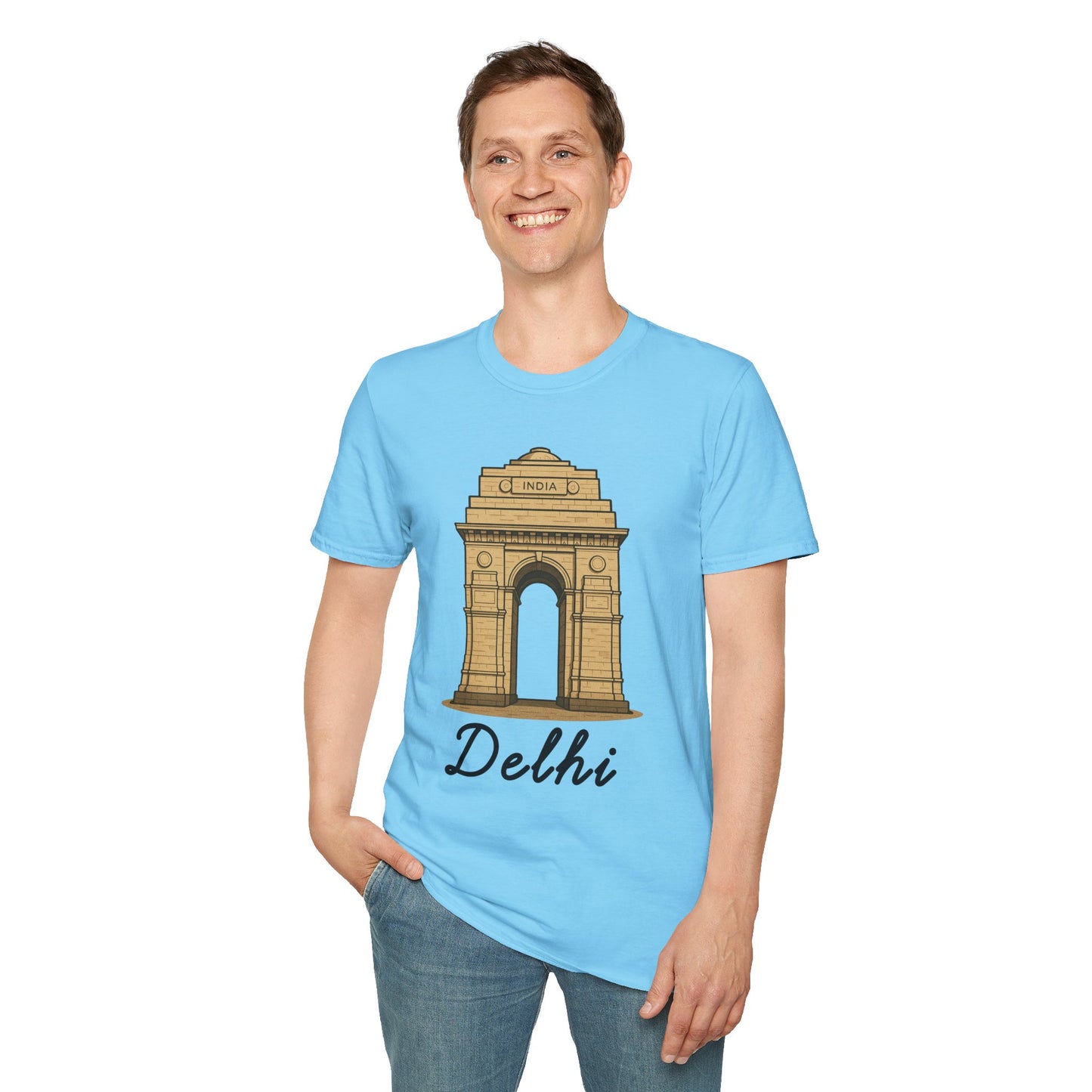 a man wearing a sky blue delhi graphic t-shirt that says Delhi with a graphic of India Gate