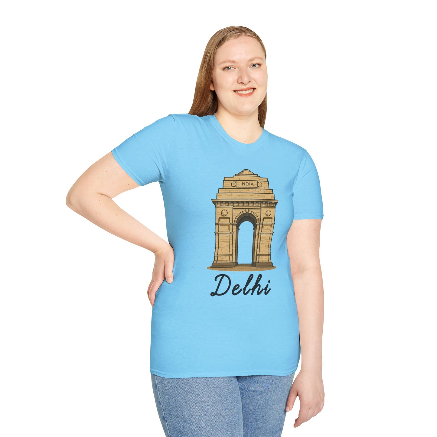 a woman wearing a sky blue delhi graphic t-shirt that says Delhi with a graphic of India Gate