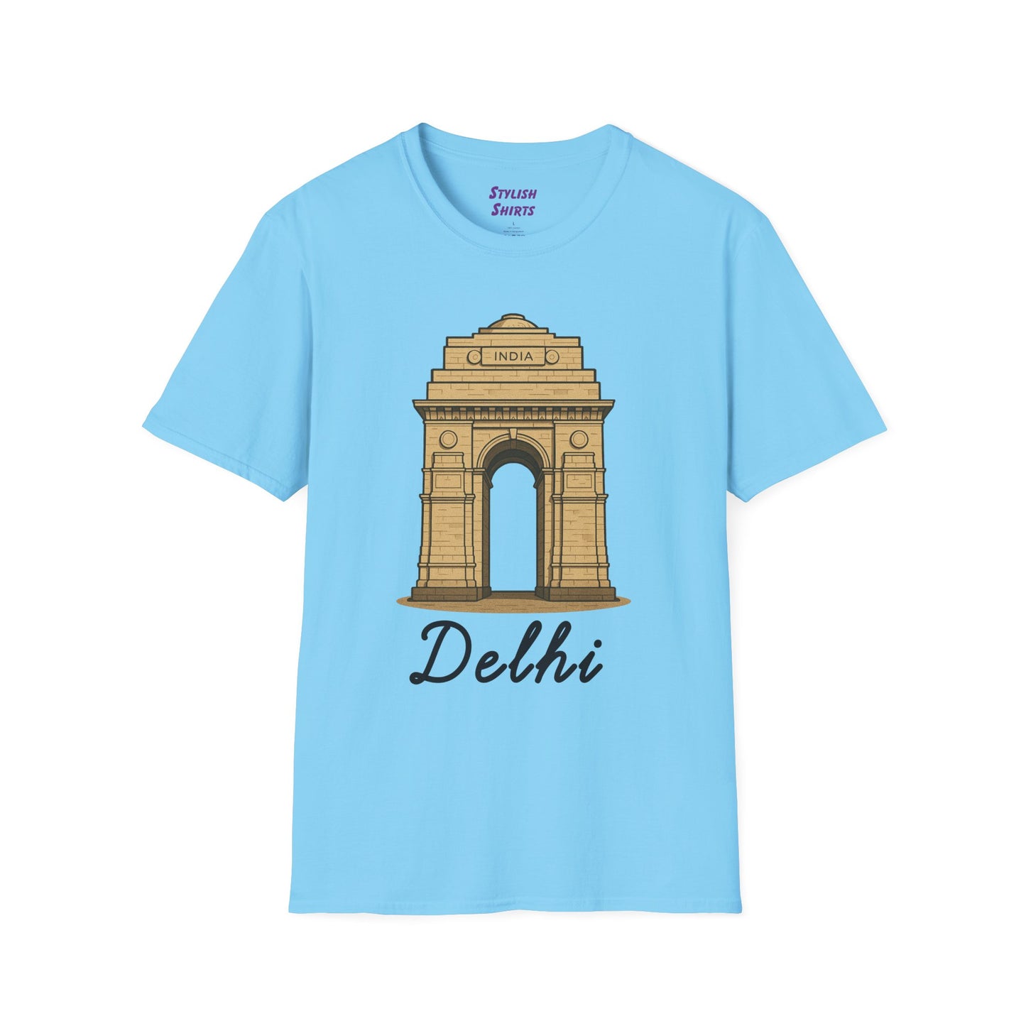 a sky blue delhi graphic t-shirt that says Delhi with a graphic of India Gate