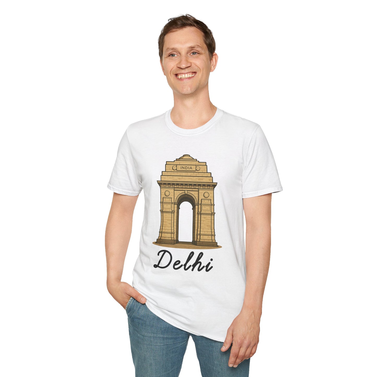 a man wearing a white delhi graphic t-shirt that says Delhi with a graphic of India Gate