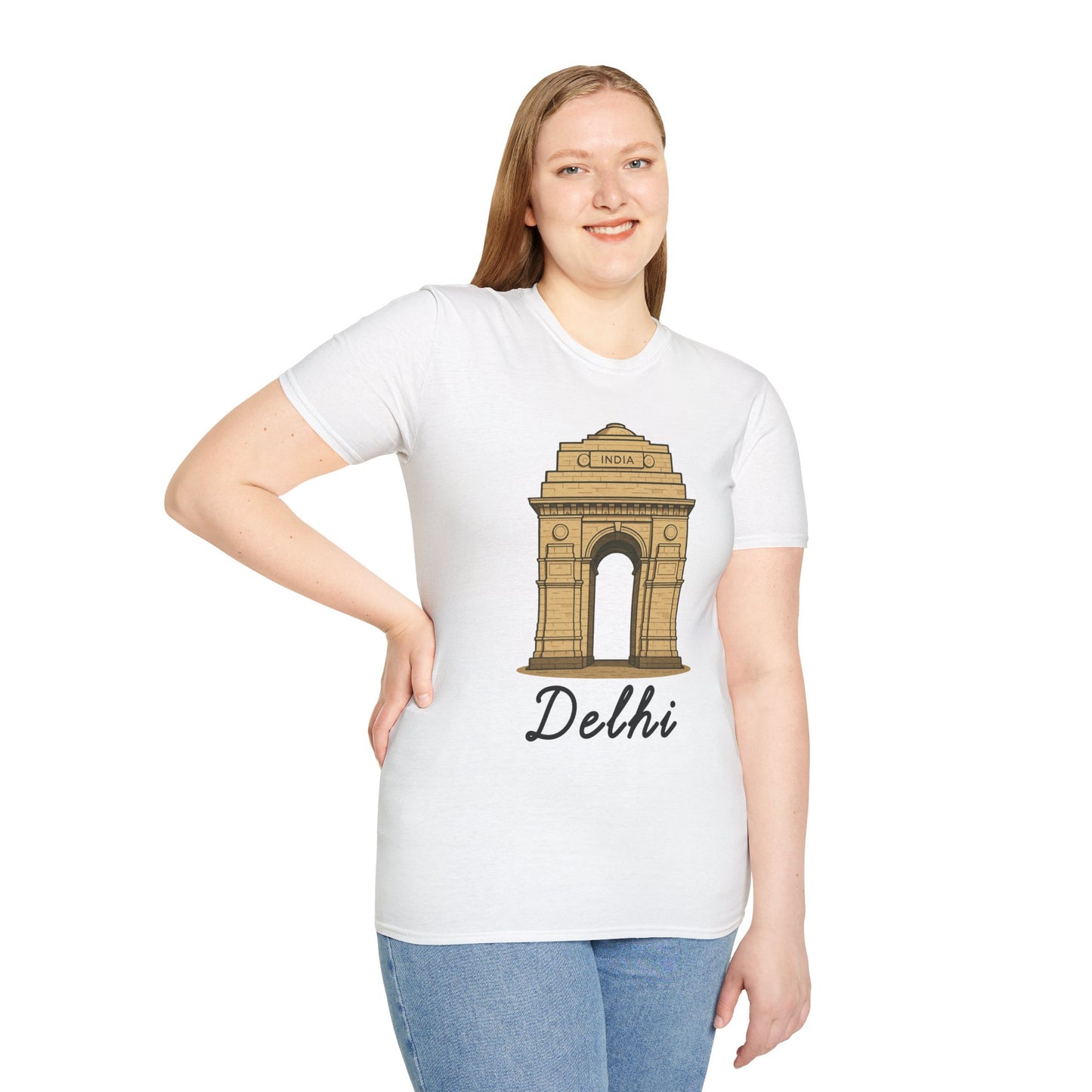 a woman wearing a white delhi graphic t-shirt that says Delhi with a graphic of India Gate