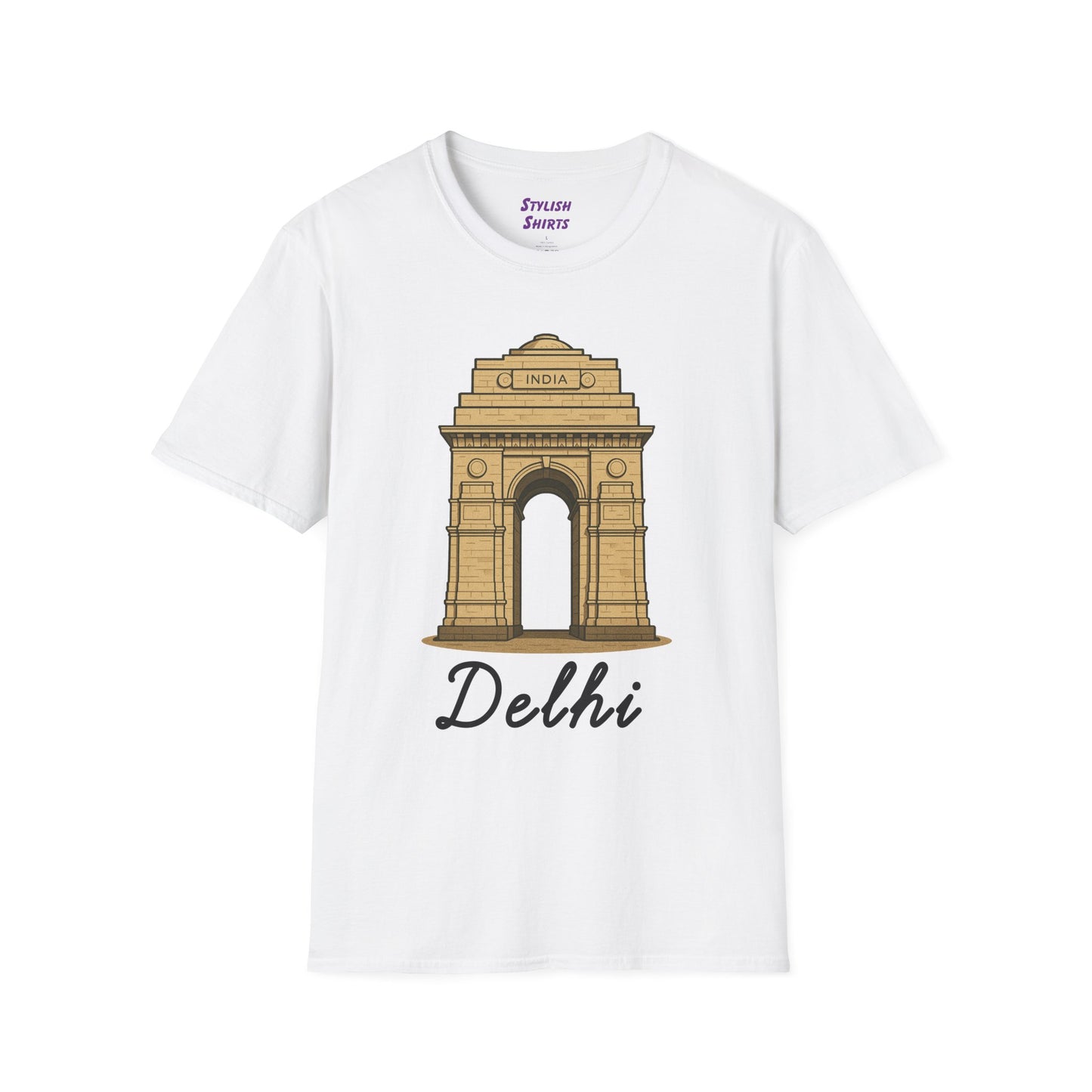 a white delhi graphic t-shirt that says Delhi with a graphic of India Gate