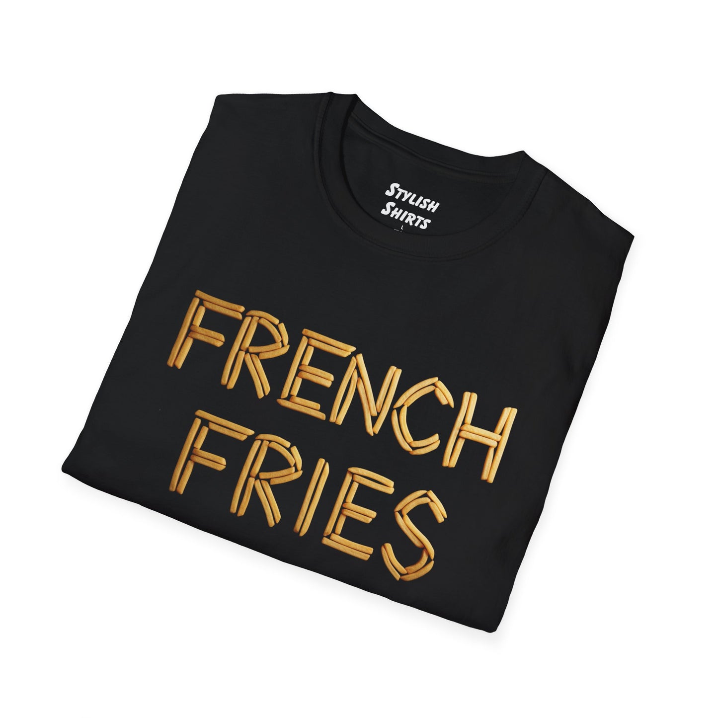a black shirt folded that says french fries with the word written using french fries followed by parentheses saying are my favorite vegetable
