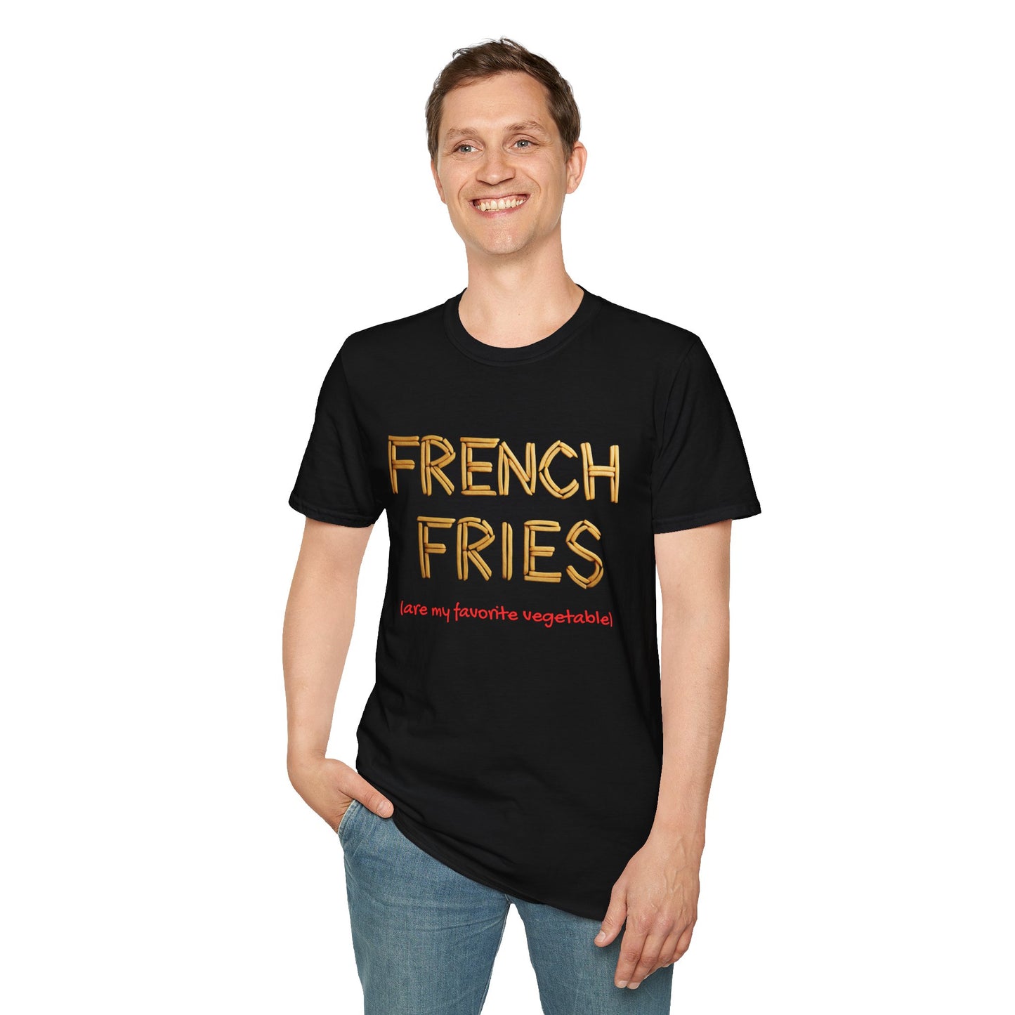a man wearing a black shirt that says french fries with the word written using french fries followed by parentheses saying are my favorite vegetable