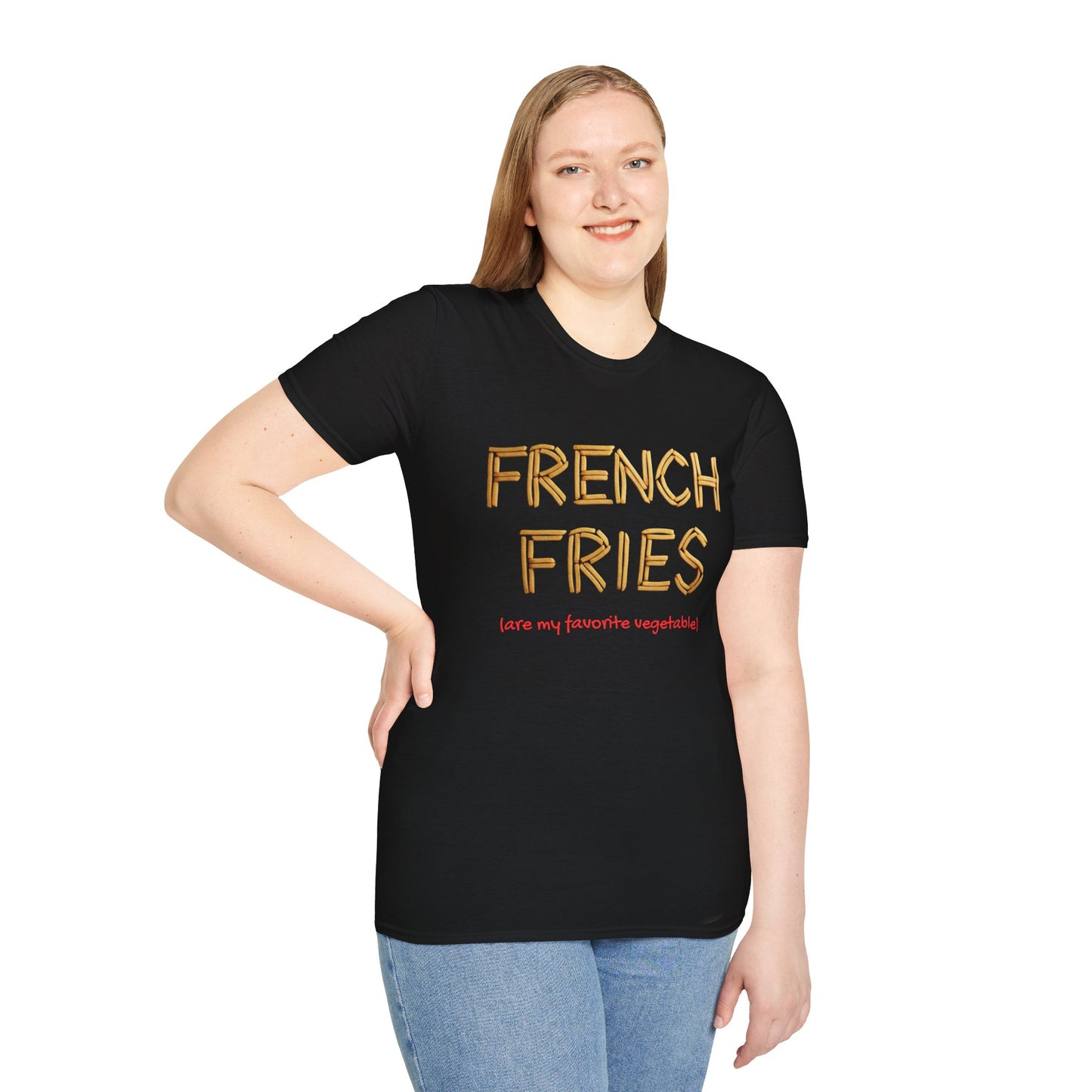 a woman wearing a black shirt that says french fries with the word written using french fries followed by parentheses saying are my favorite vegetable
