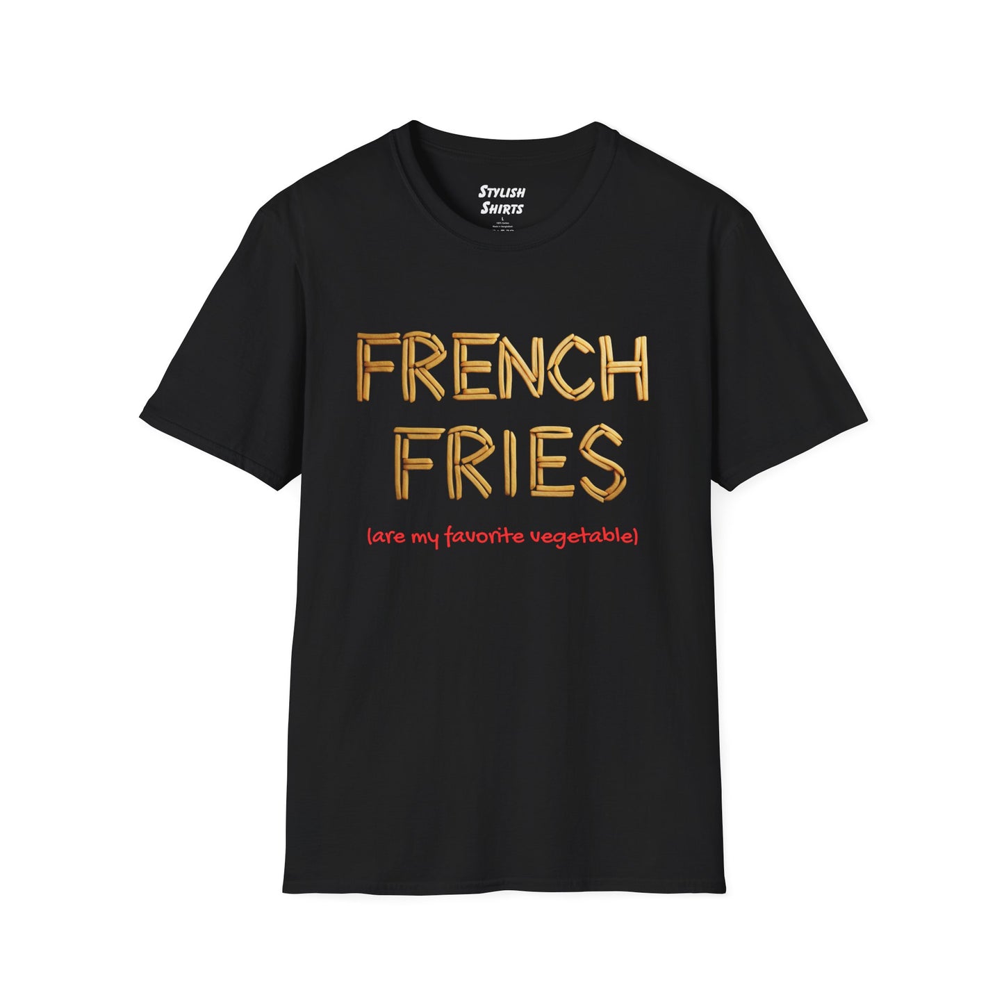 a black shirt that says french fries with the word written using french fries followed by parentheses saying are my favorite vegetable