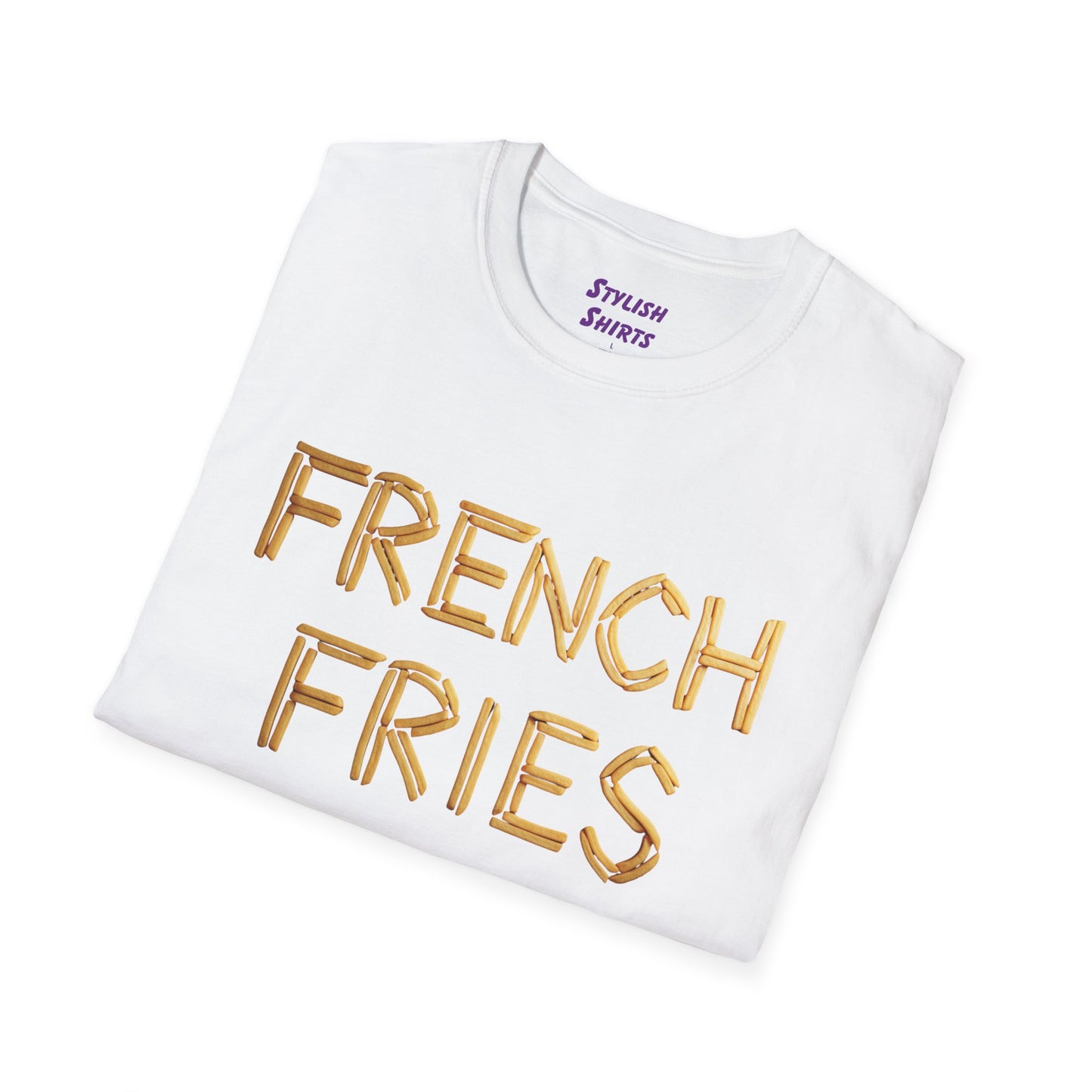 a white folded shirt that says french fries with the word written using french fries followed by parentheses saying are my favorite vegetable