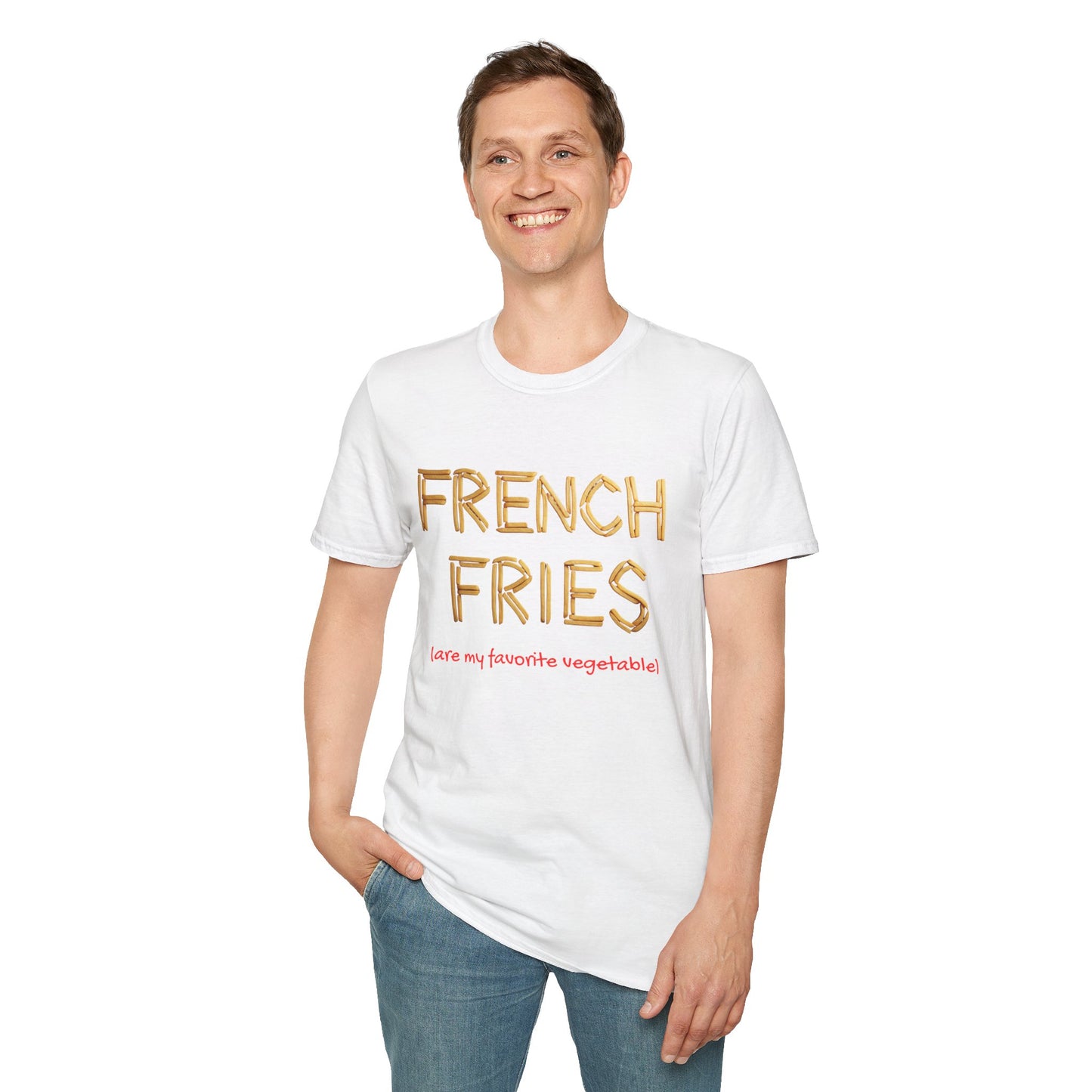 a man wearing a white shirt that says french fries with the word written using french fries followed by parentheses saying are my favorite vegetable