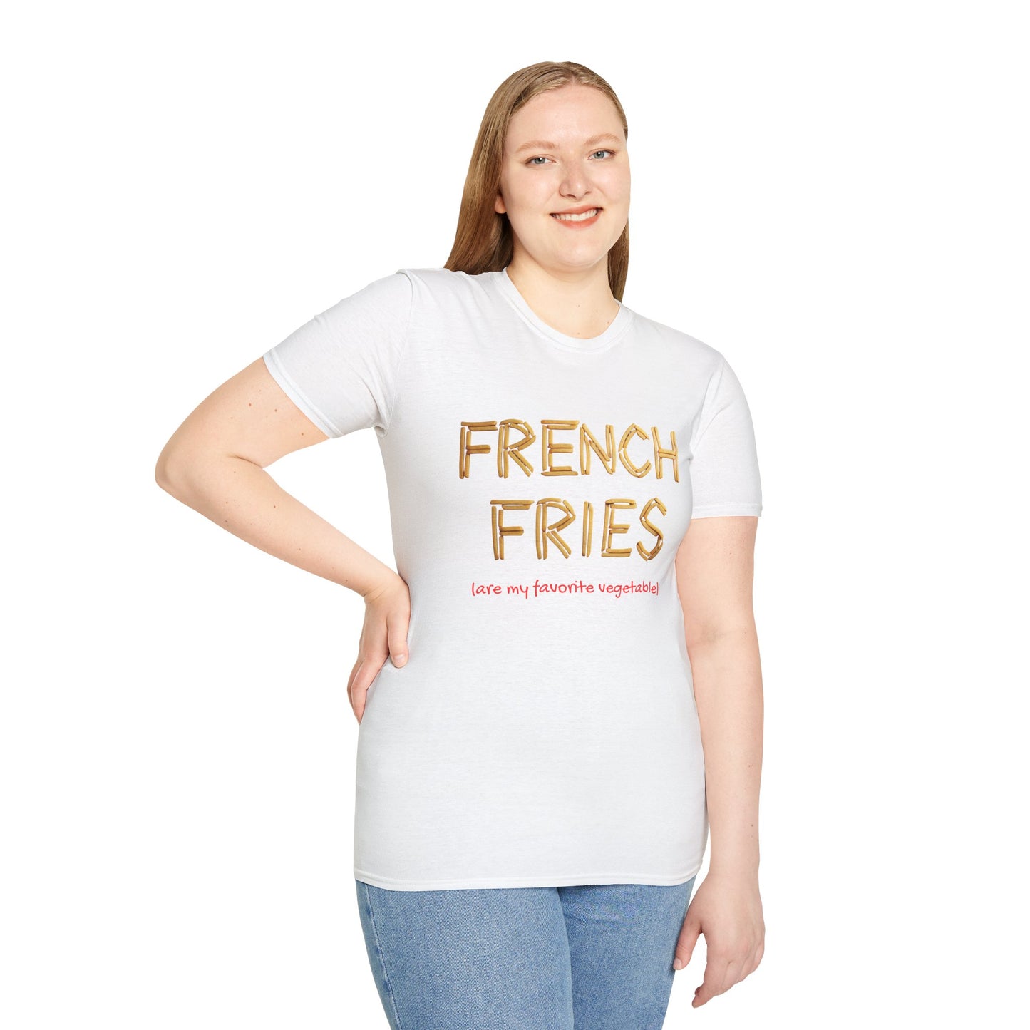 a woman wearing a white shirt that says french fries with the word written using french fries followed by parentheses saying are my favorite vegetable