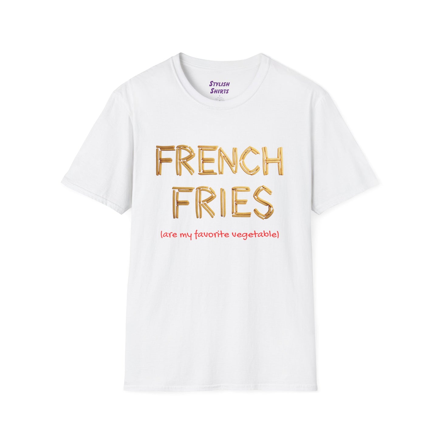 a white shirt that says french fries with the word written using french fries followed by parentheses saying are my favorite vegetable