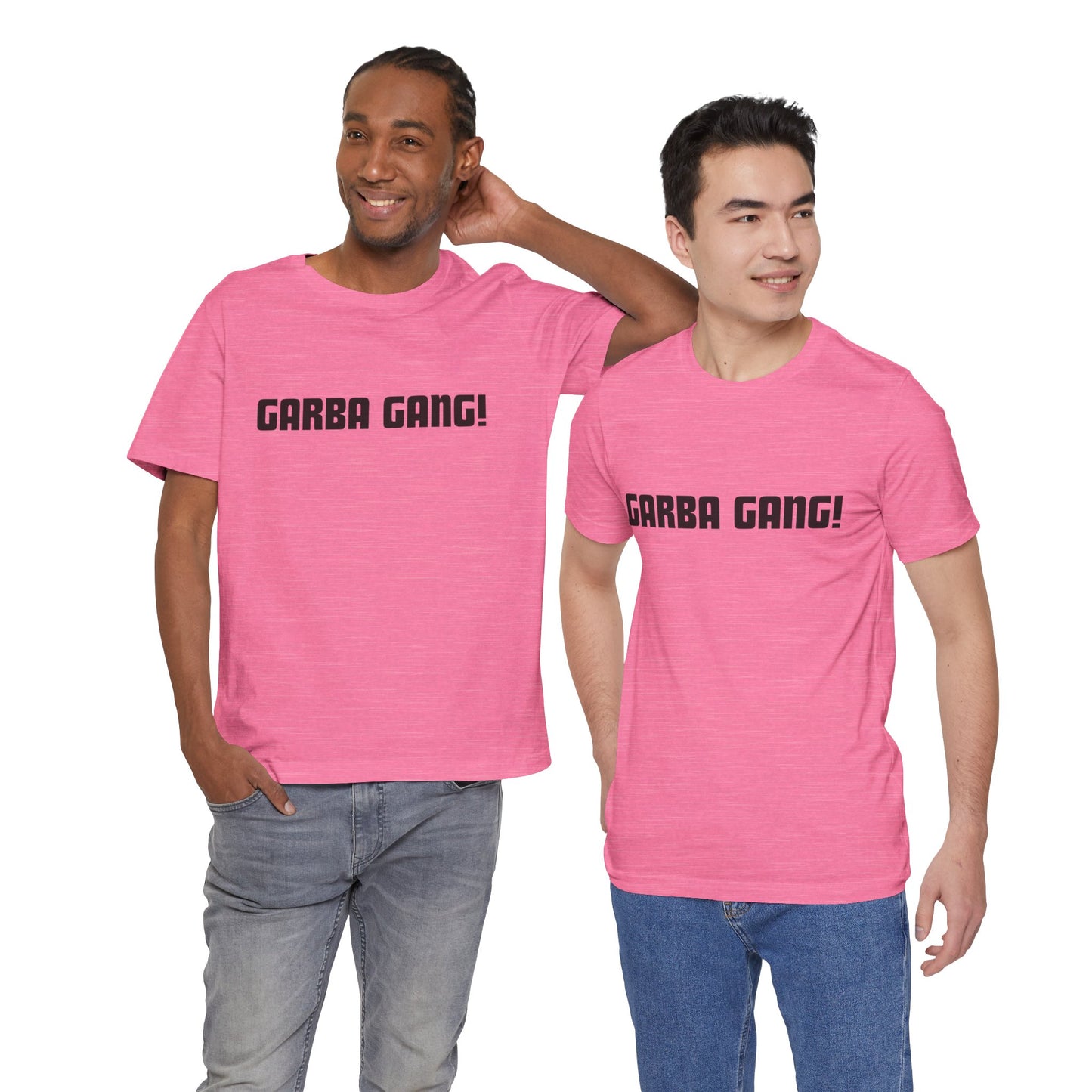 a duo of men wearing a heather charity pink shirt that says garba gang