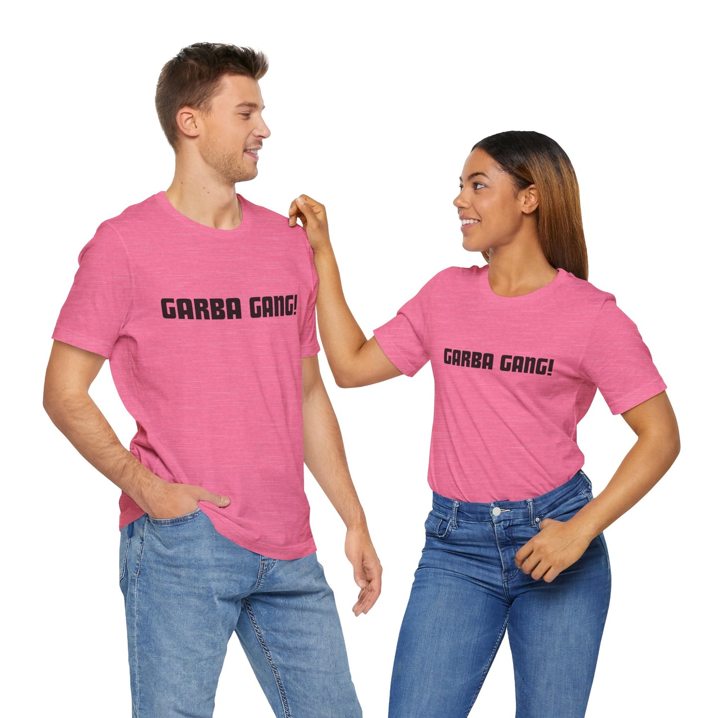 a man and a woman wearing a heather charity pink shirt that says garba gang