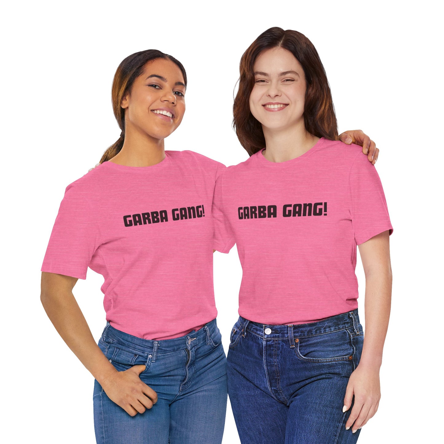 a duo of women wearing a heather charity pink shirt that says garba gang