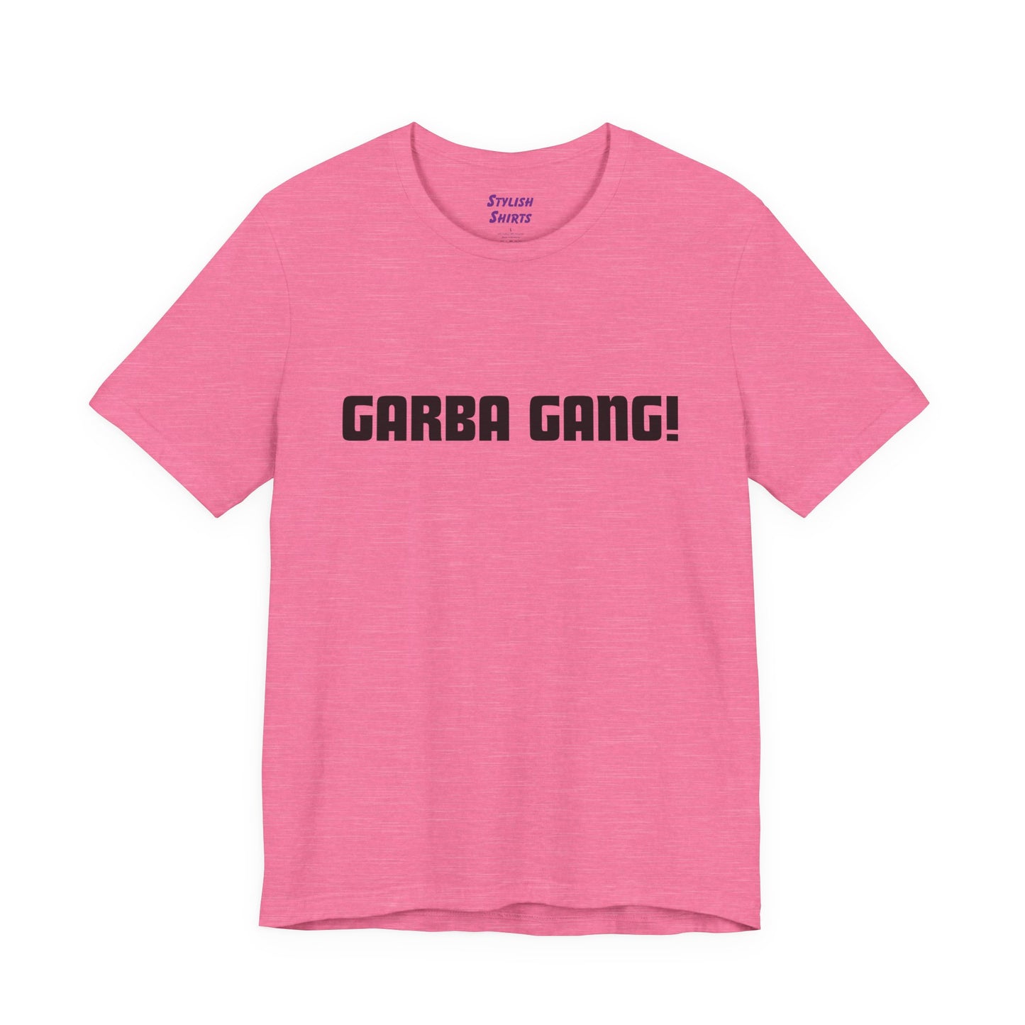 a heather charity pink shirt that says garba gang