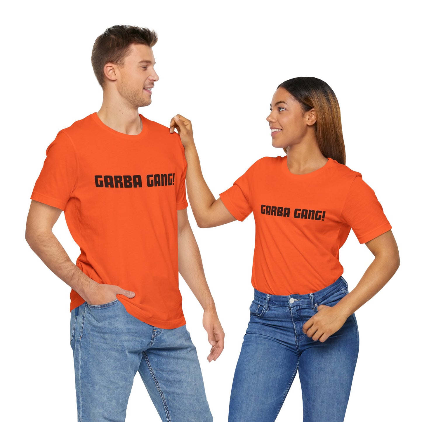 a man and a woman wearing a orange shirt that says garba gang