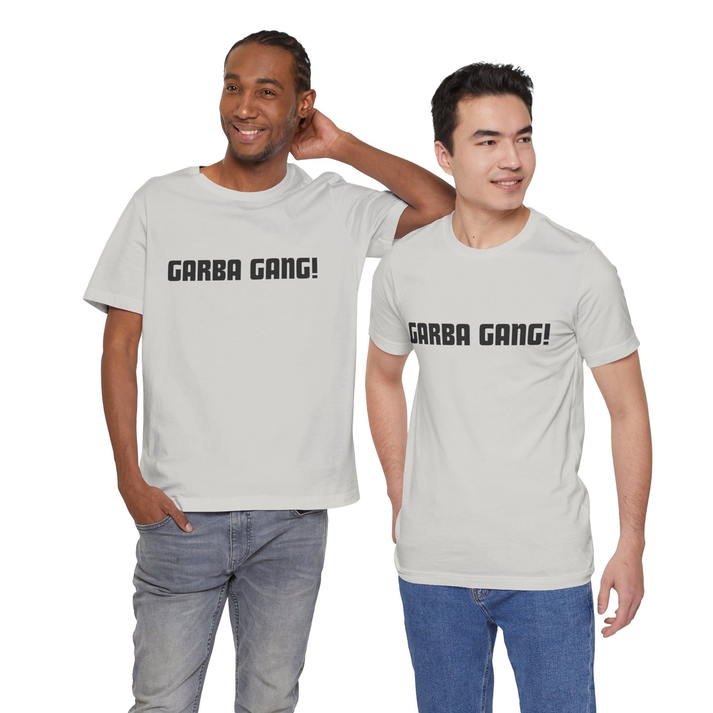 a duo of men wearing a silver shirt that says garba gang