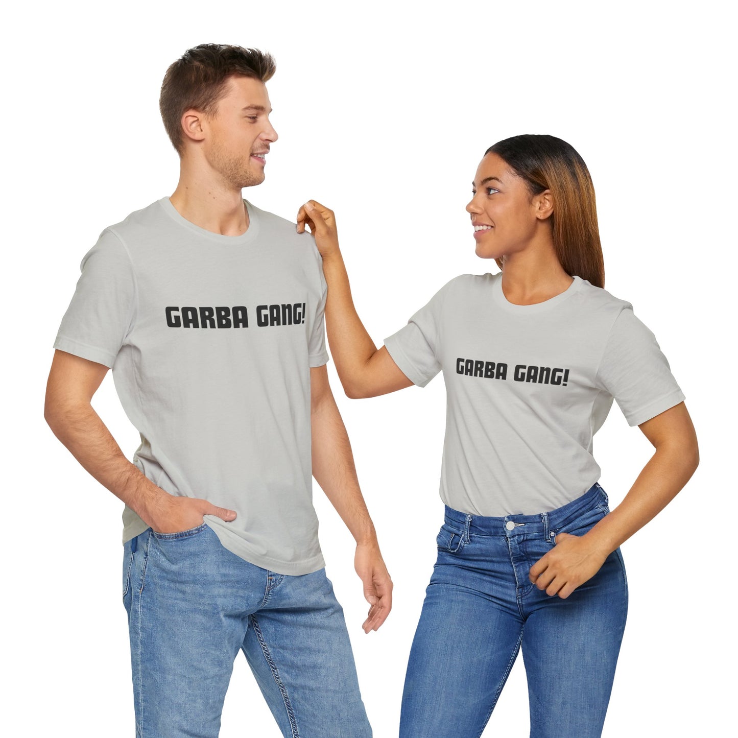 a man and a woman wearing a silver shirt that says garba gang