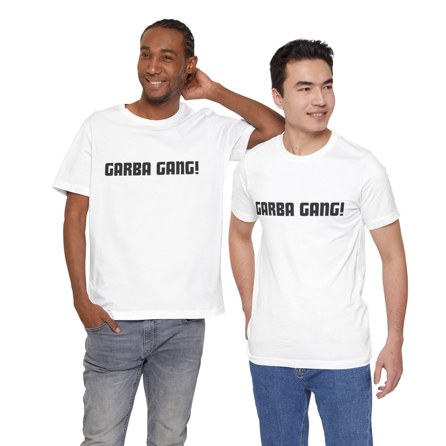 a duo of men wearing a white shirt that says garba gang