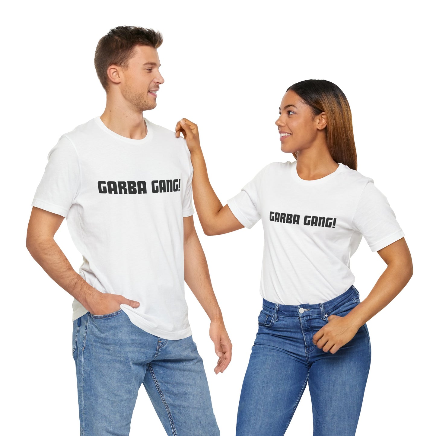 a man and a woman wearing a white shirt that says garba gang