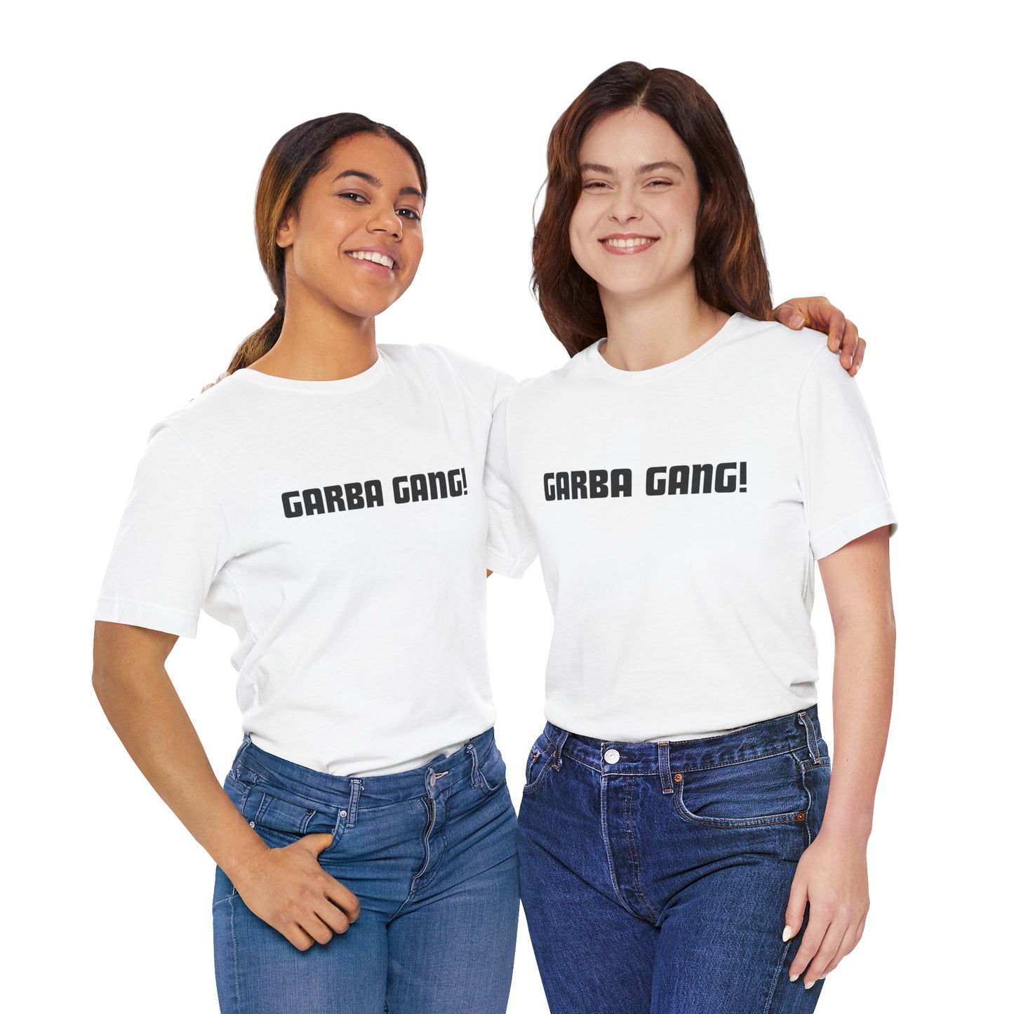 a duo of women wearing a white shirt that says garba gang