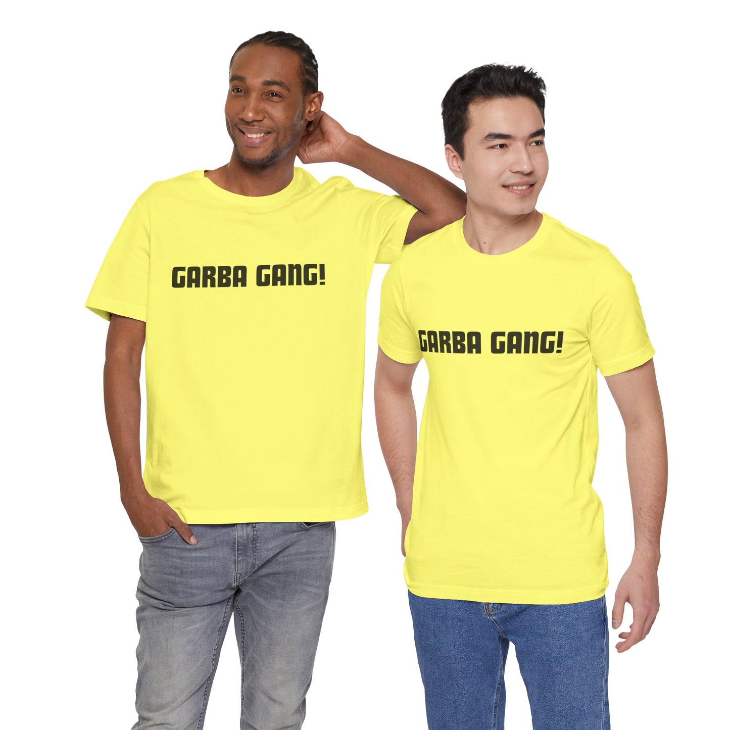 a duo of men wearing a yellow shirt that says garba gang