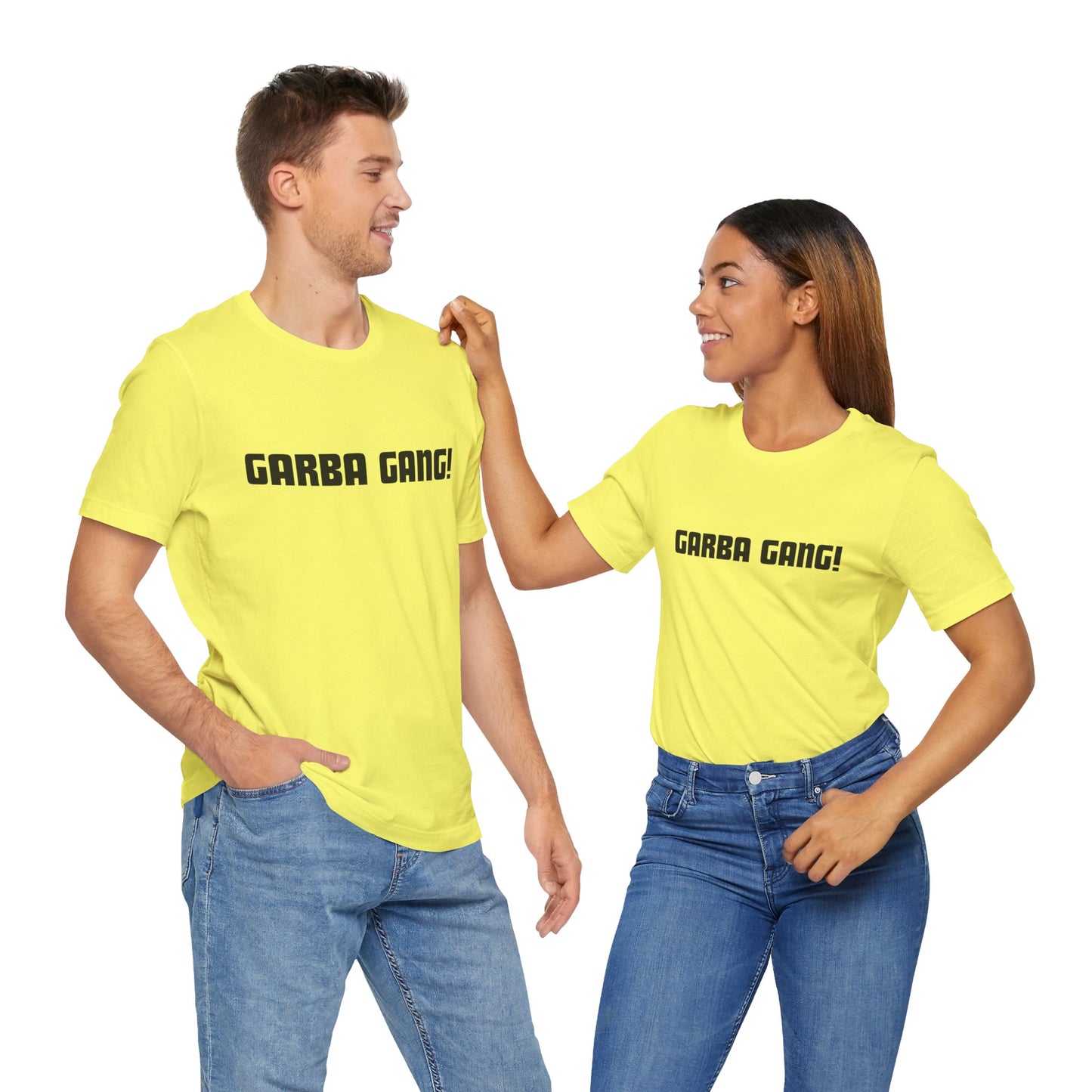 a man and a woman wearing a yellow shirt that says garba gang