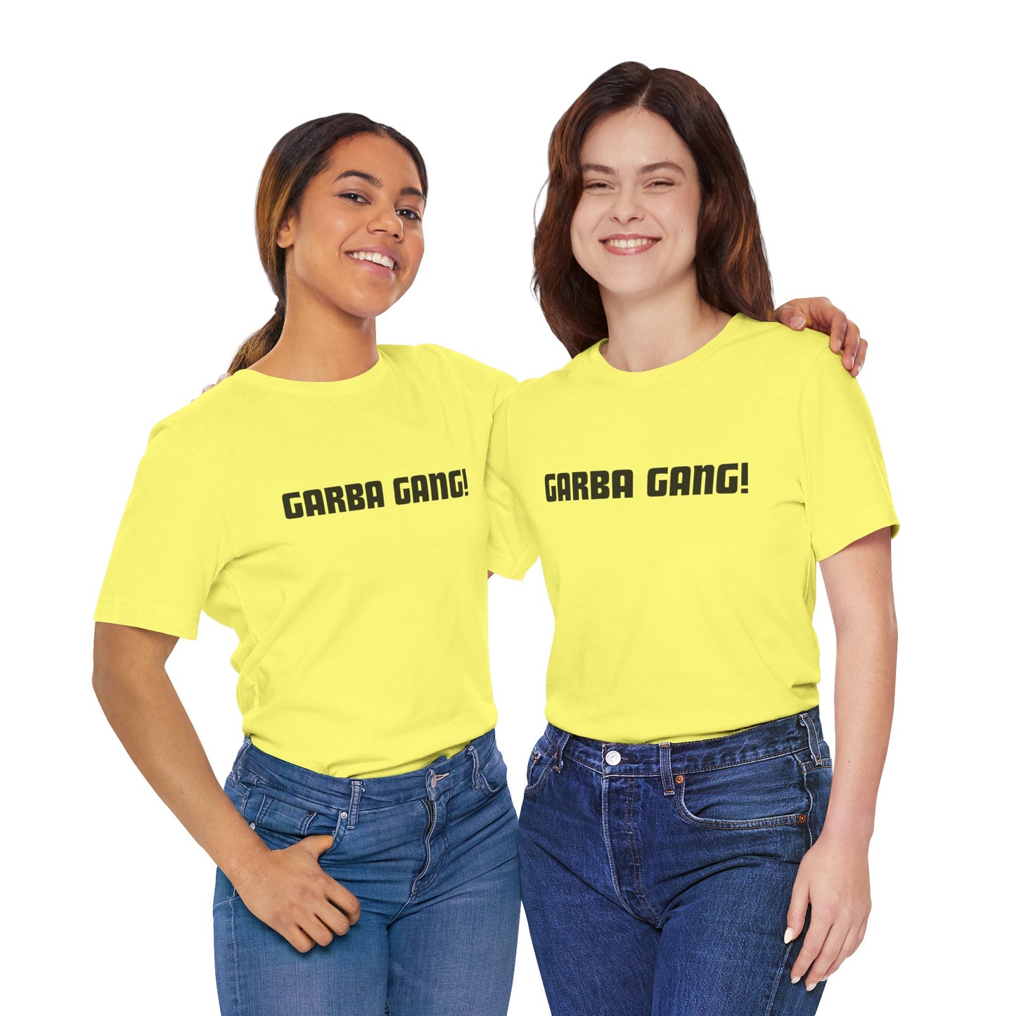 a duo of women wearing a yellow shirt that says garba gang