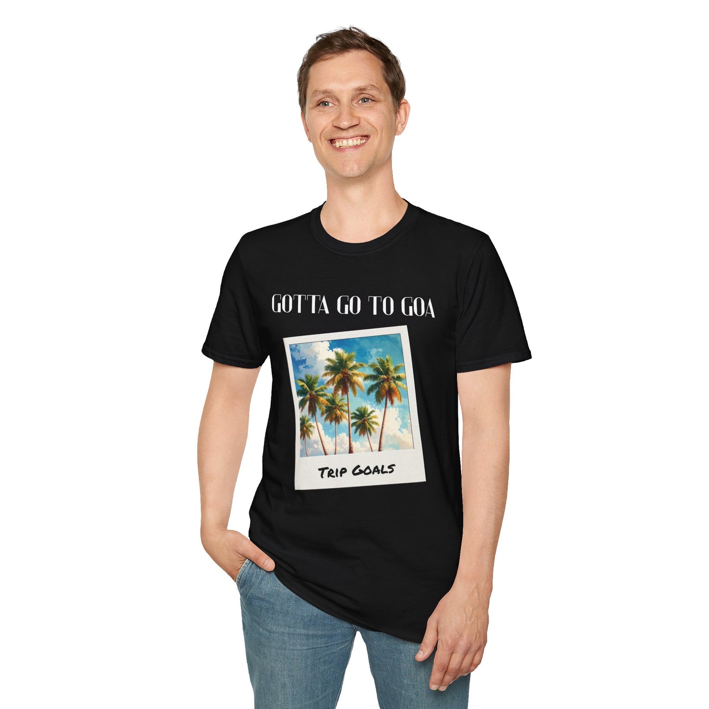a man wearing a black shirt that says gotta go to goa with a graphic of goa beach as a postcard that says trip goals