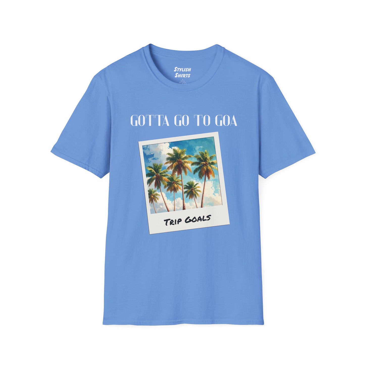 a carolina blue shirt that says gotta go to goa with a graphic of goa beach as a postcard that says trip goals