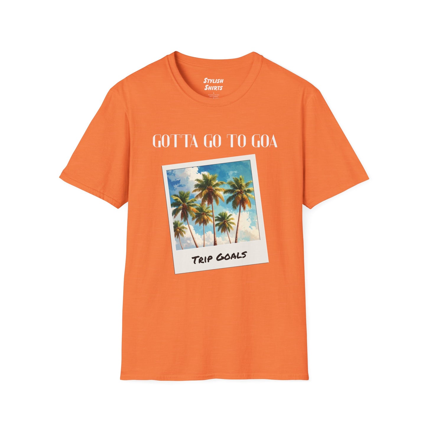 a heather orange shirt that says gotta go to goa with a graphic of goa beach as a postcard that says trip goals