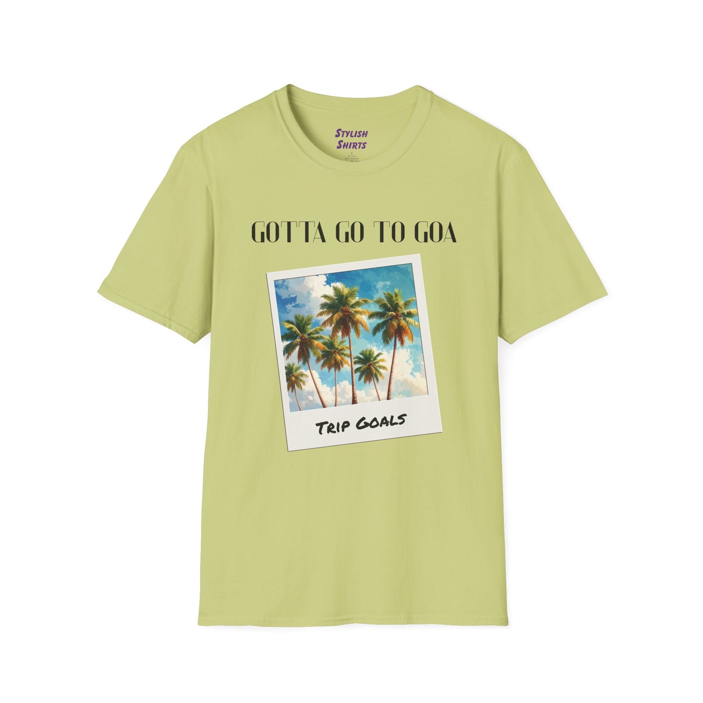 a pistachio shirt that says gotta go to goa with a graphic of goa beach as a postcard that says trip goals