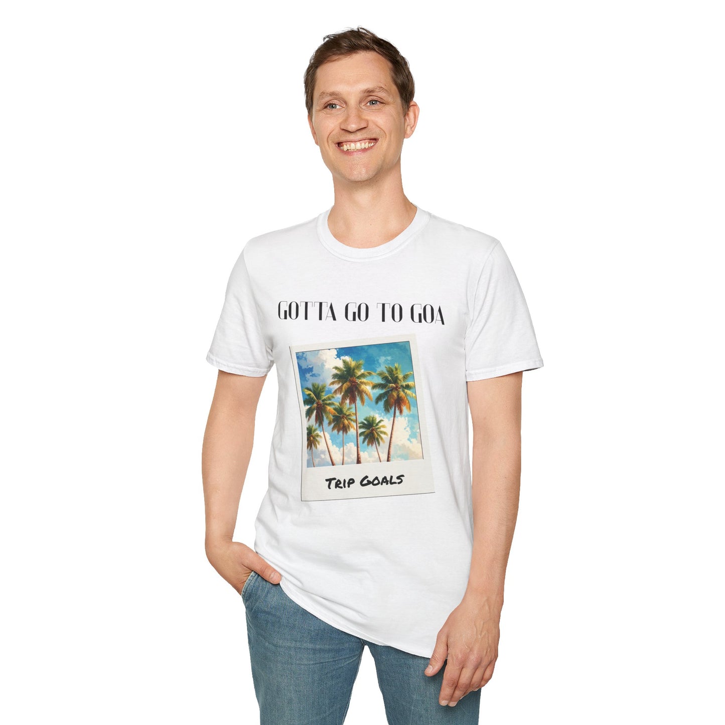 a man wearing a white shirt that says gotta go to goa with a graphic of goa beach as a postcard that says trip goals