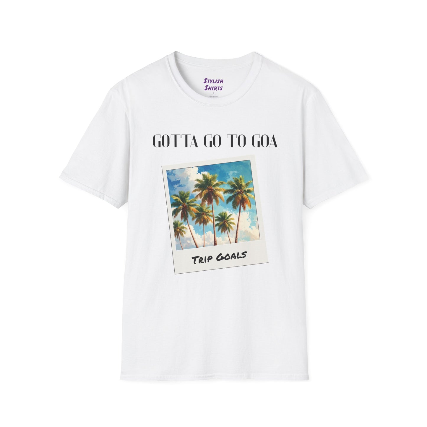 a white shirt that says gotta go to goa with a graphic of goa beach as a postcard that says trip goals