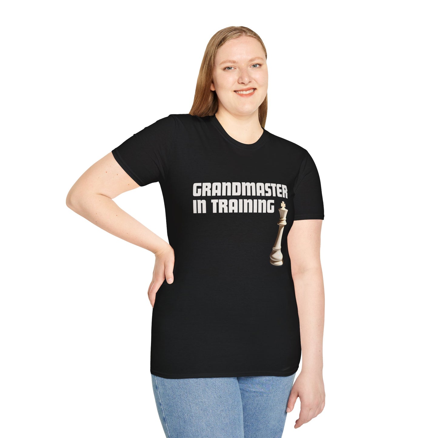 a woman wearing a black shirt that says Grandmaster in Training with a King chess piece