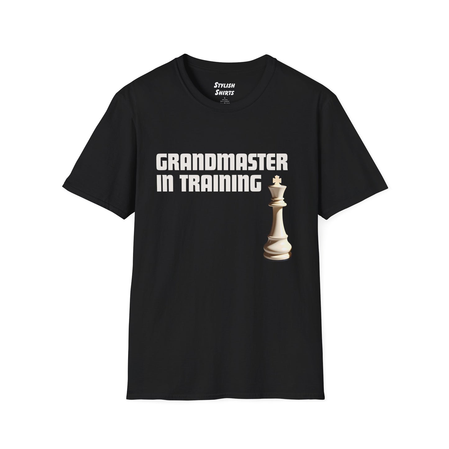 a black shirt that says Grandmaster in Training with a King chess piece