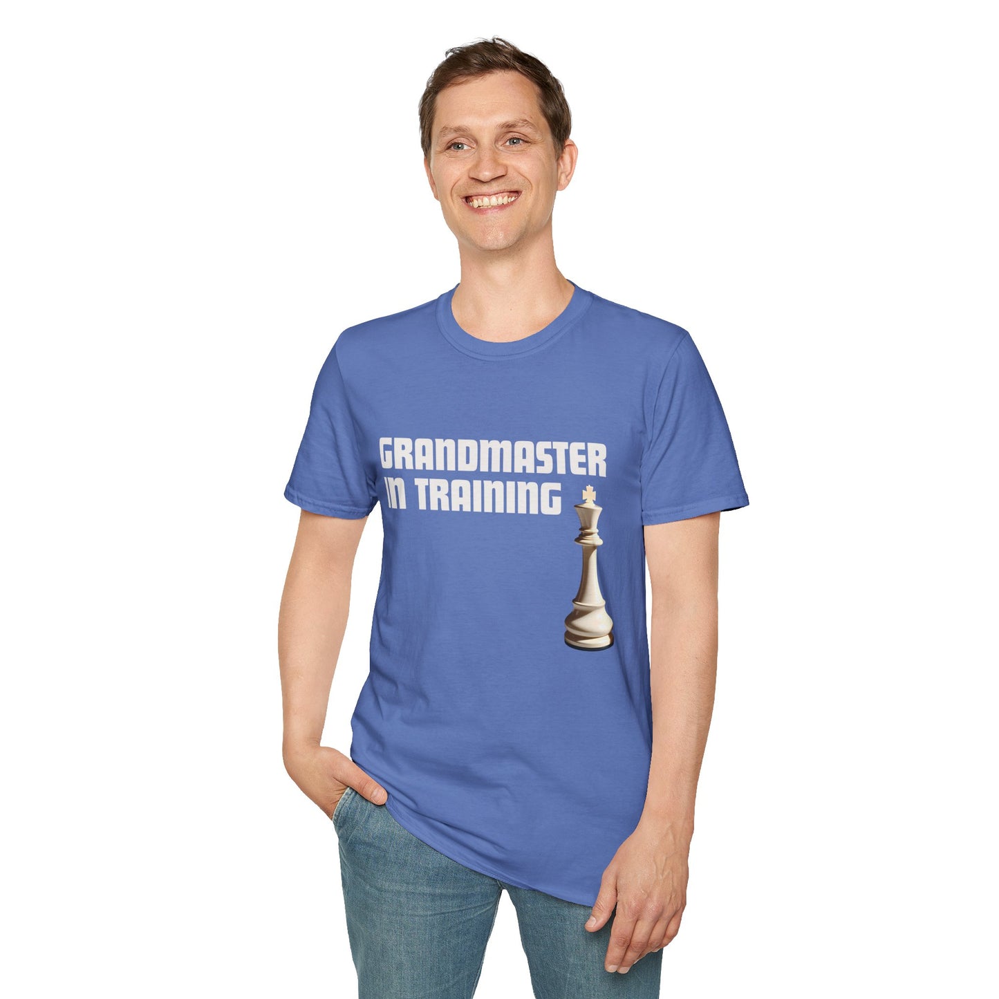a man wearing a iris blue shirt that says Grandmaster in Training with a King chess piece