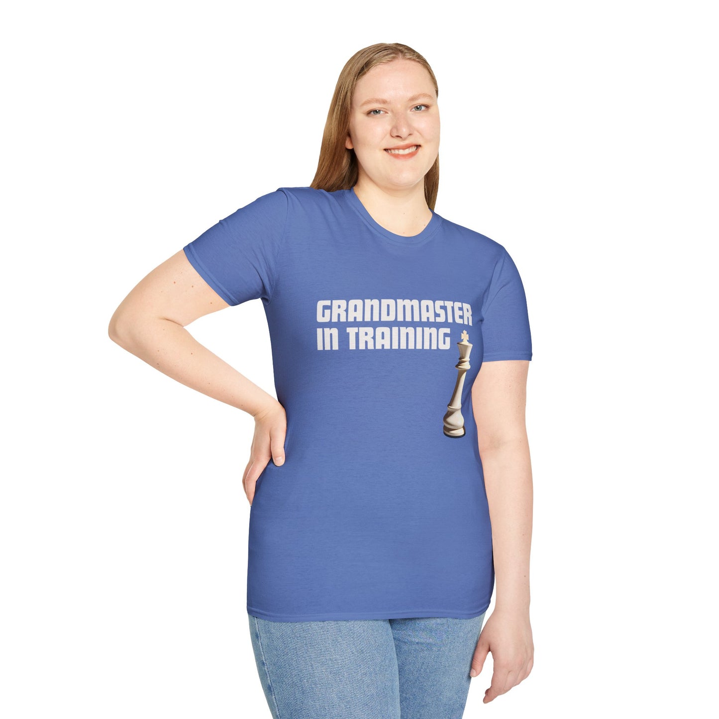 a woman wearing a iris blue shirt that says Grandmaster in Training with a King chess piece