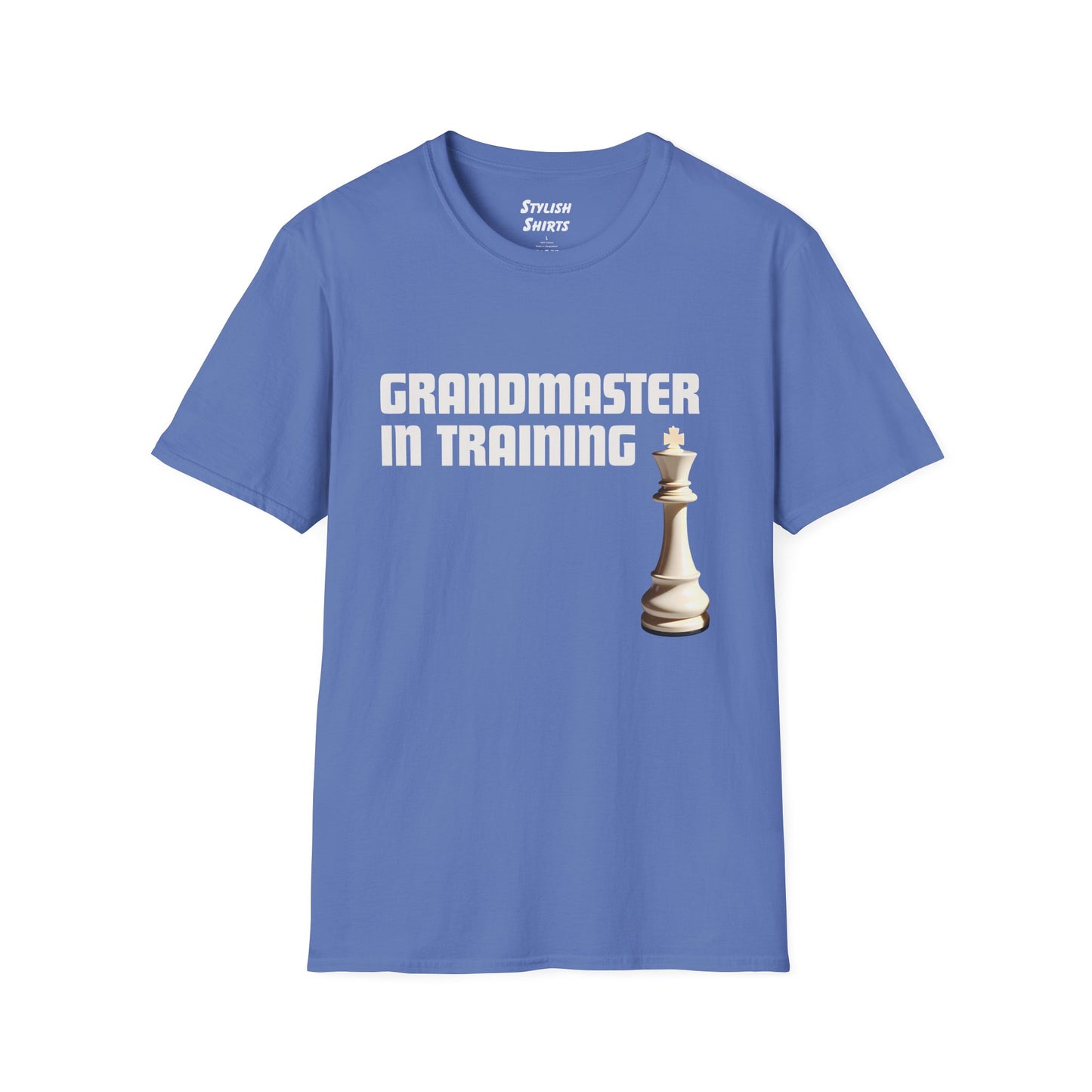 a iris blue shirt that says Grandmaster in Training with a King chess piece